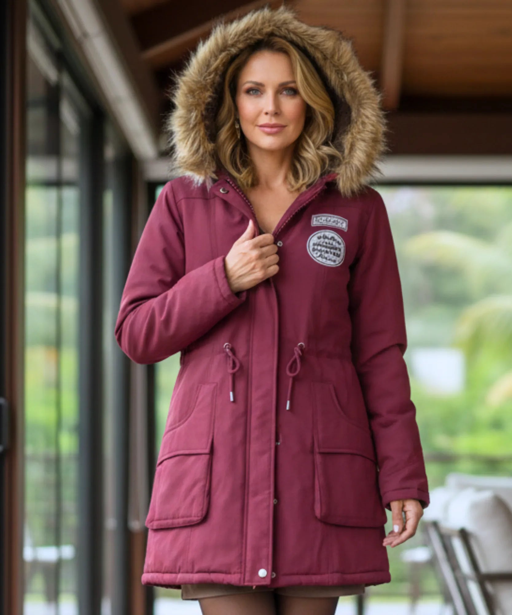 Detail of the waist tie on the burgundy parka