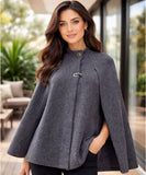 Women's charcoal knit poncho, ribbed collar and toggle clasp detail