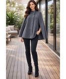 Women's charcoal knit poncho with toggle clasps, back view