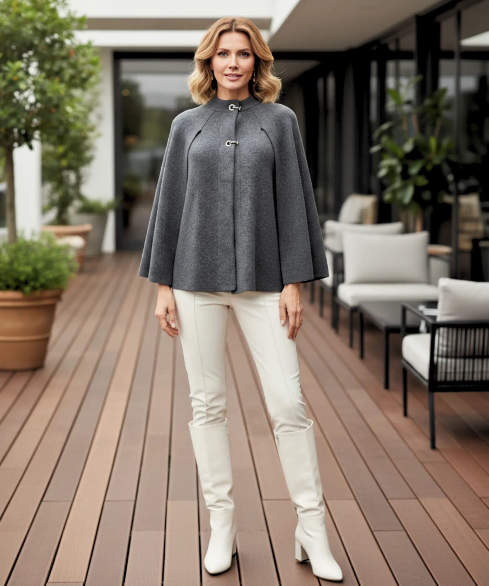 Women's charcoal knit poncho with toggle clasps, styled look