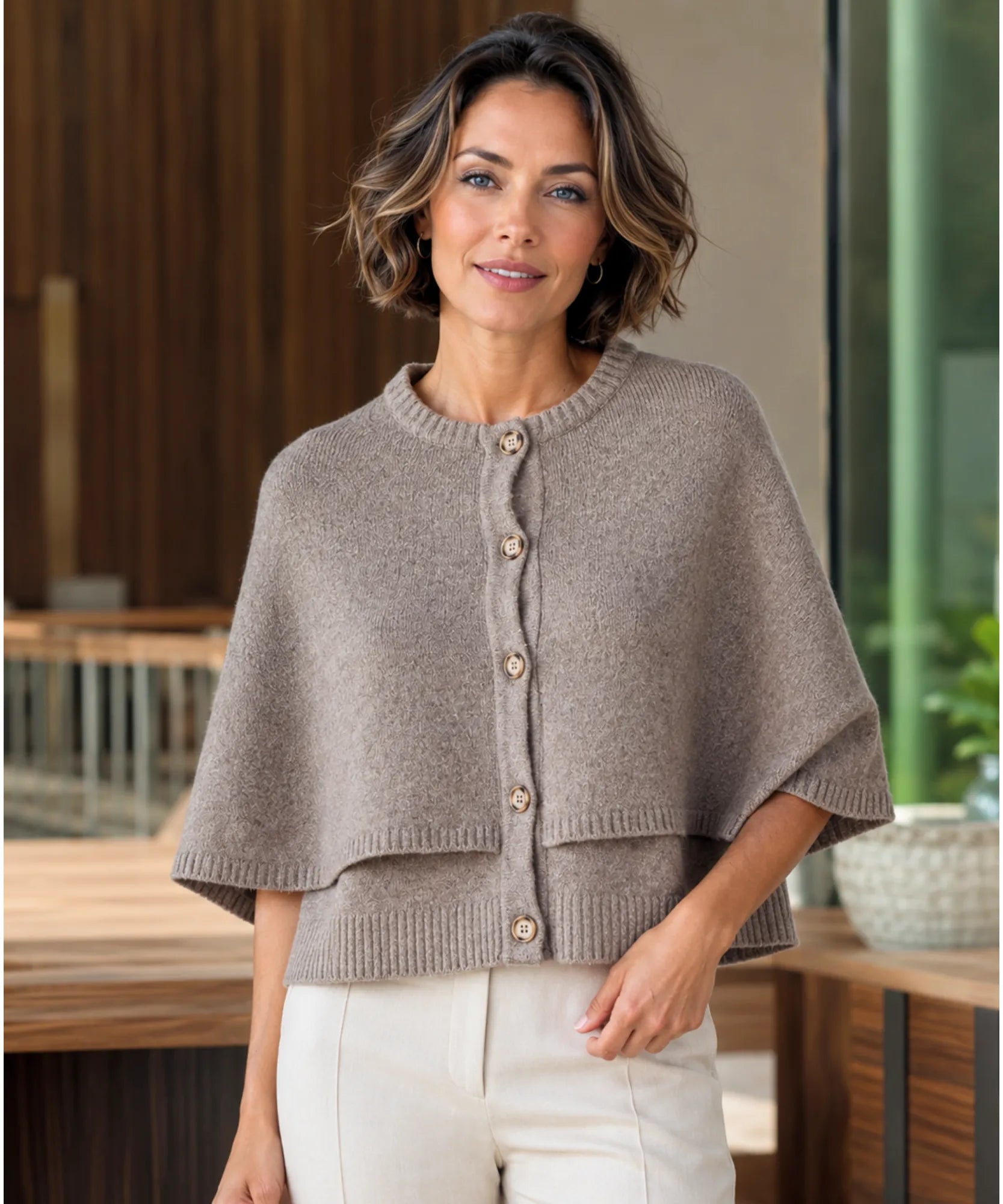 Women's cashmere-soft sweater cape in taupe, back view