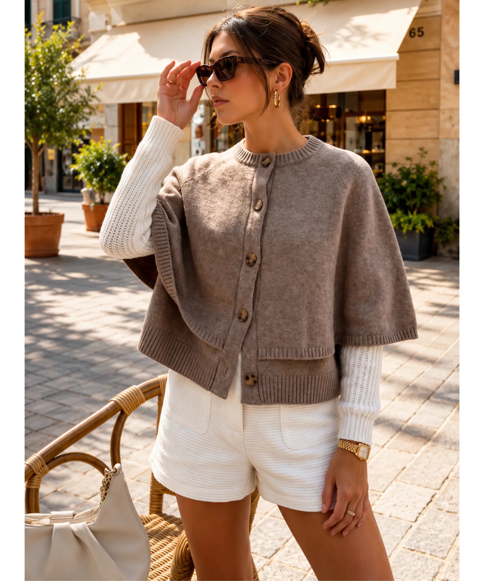 Women's cashmere-soft sweater cape in taupe, front view
