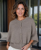 Women's cashmere-soft sweater cape in taupe with button front, styled look