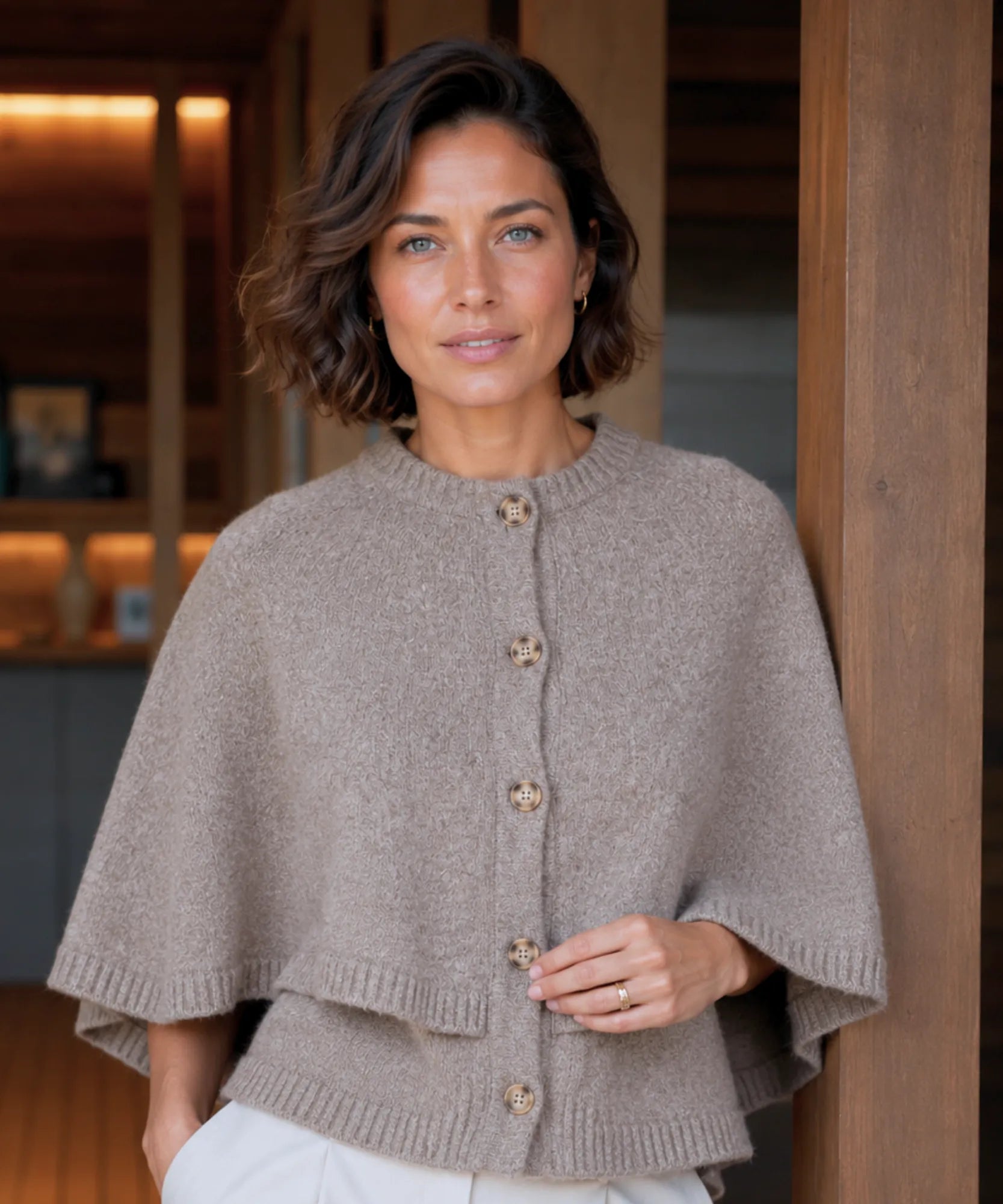 Women's cashmere-soft sweater cape in taupe, styled look