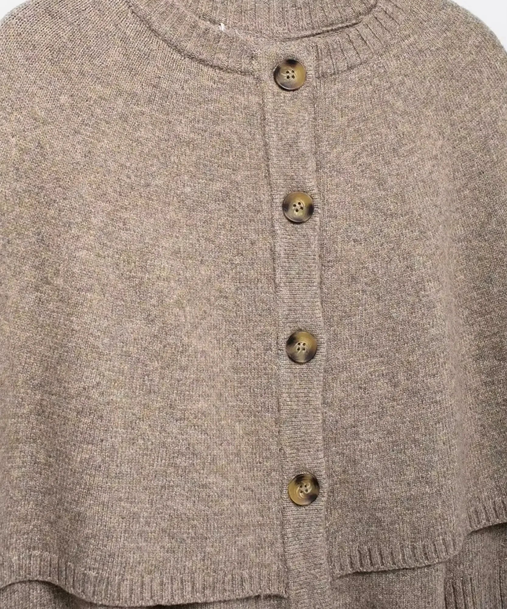 Women's cashmere-soft sweater cape in taupe, fabric and button detail