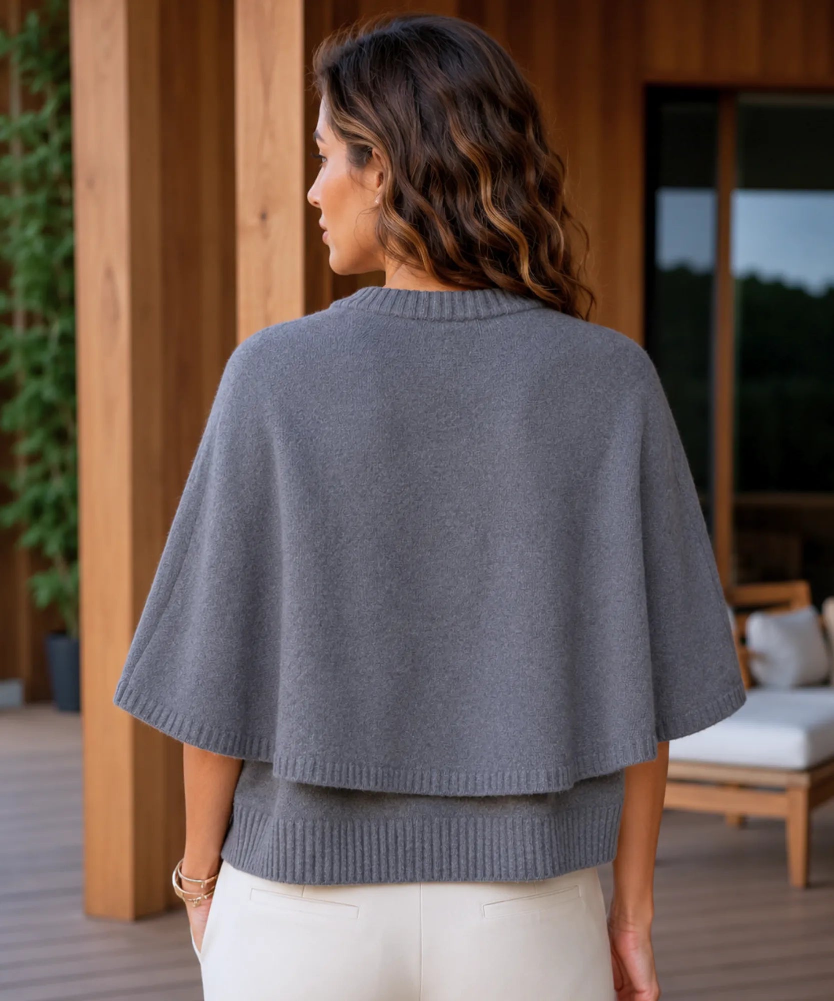 Women's cashmere-soft sweater cape in grey, fabric and button detail