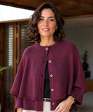 Women's cashmere-soft sweater cape in burgundy with button front, front view