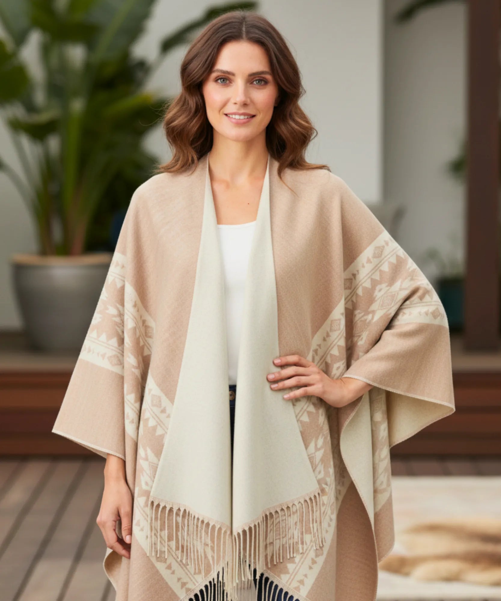 Women's aztec print ruana wrap in camel with fringe hem, close view