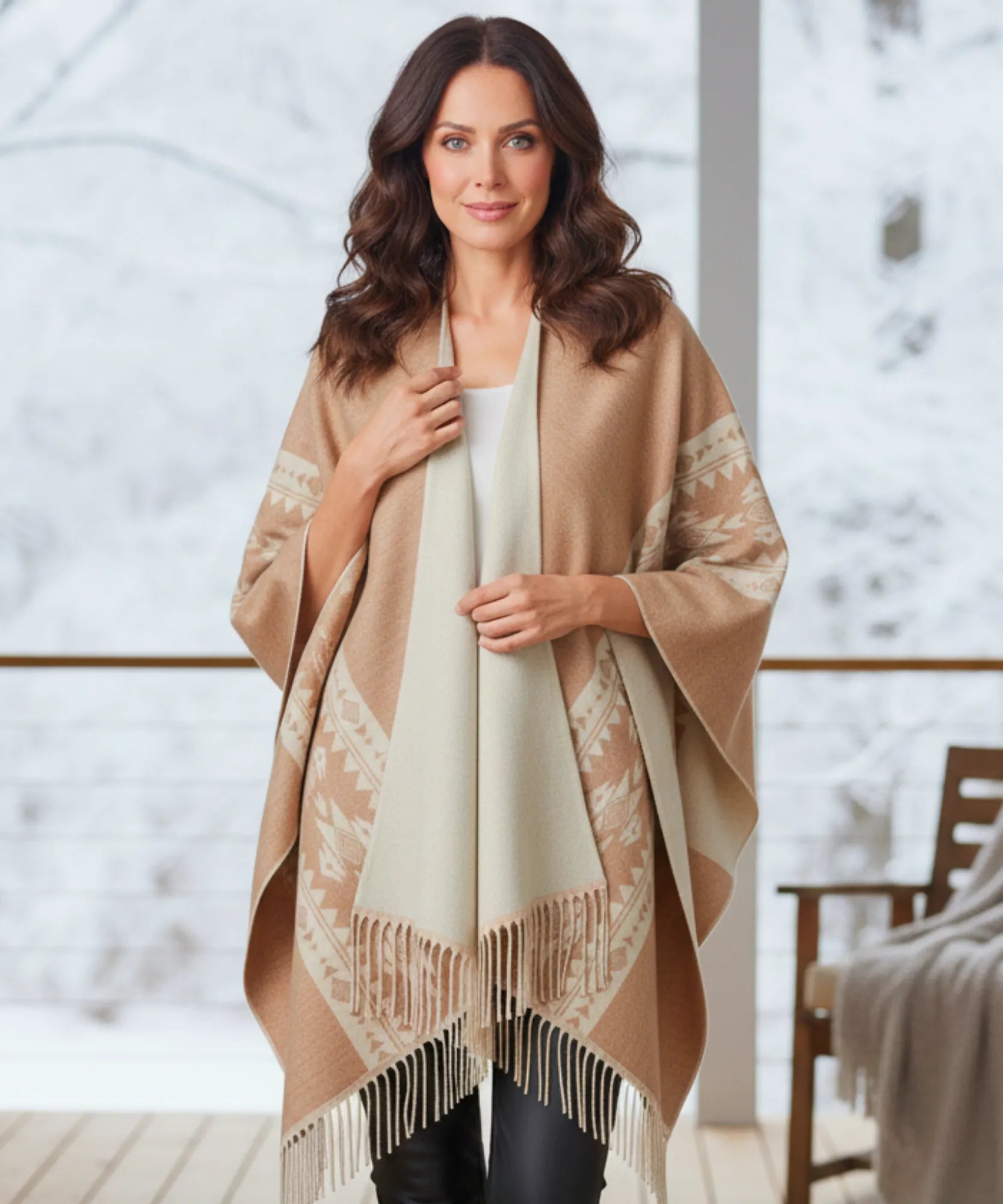 Women's aztec print ruana wrap in camel with fringe hem, front view