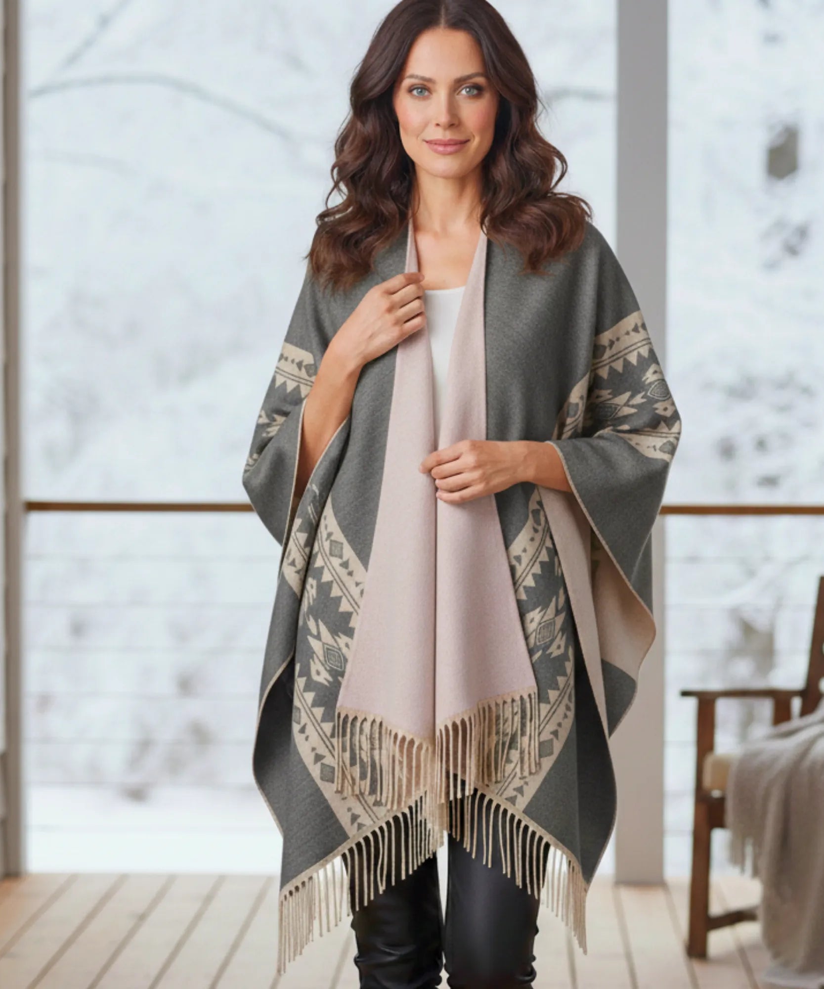 Women's aztec print ruana wrap in grey with fringe hem, styled with hat