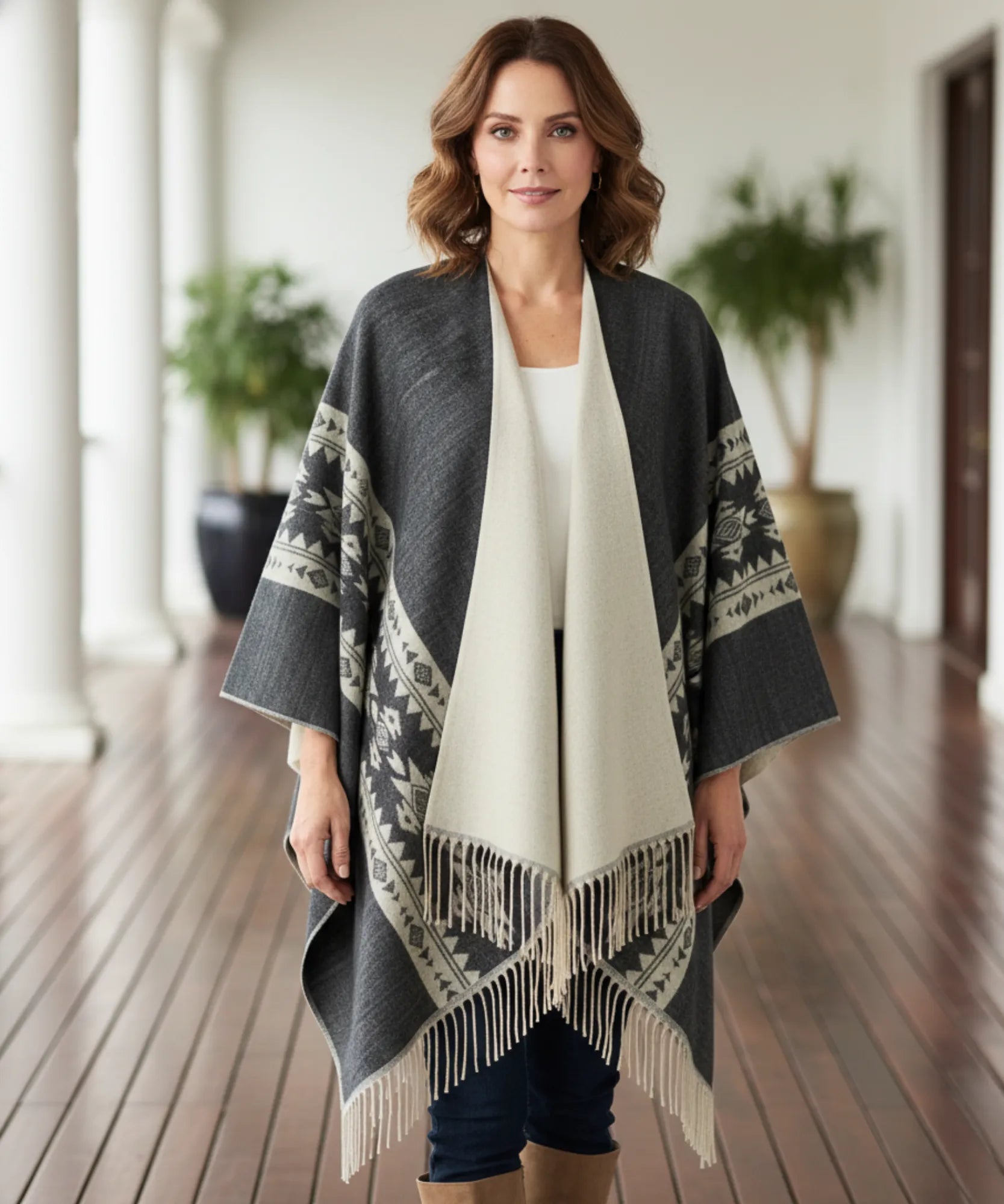 Women's Aztec Print Ruana Poncho Wrap with Fringe – Anellace