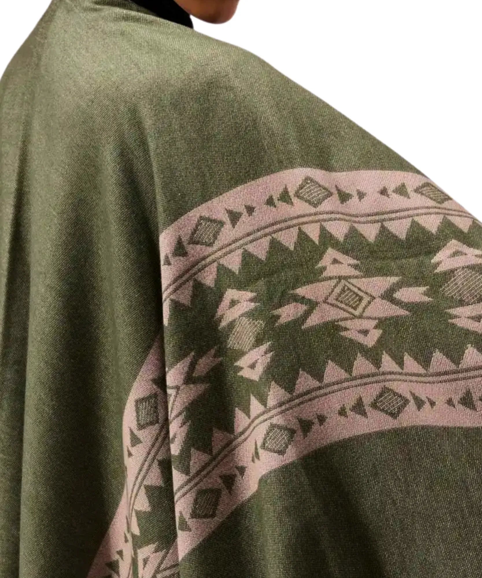 Women's aztec print ruana wrap in sage green with fringe hem, fabric and print detail
