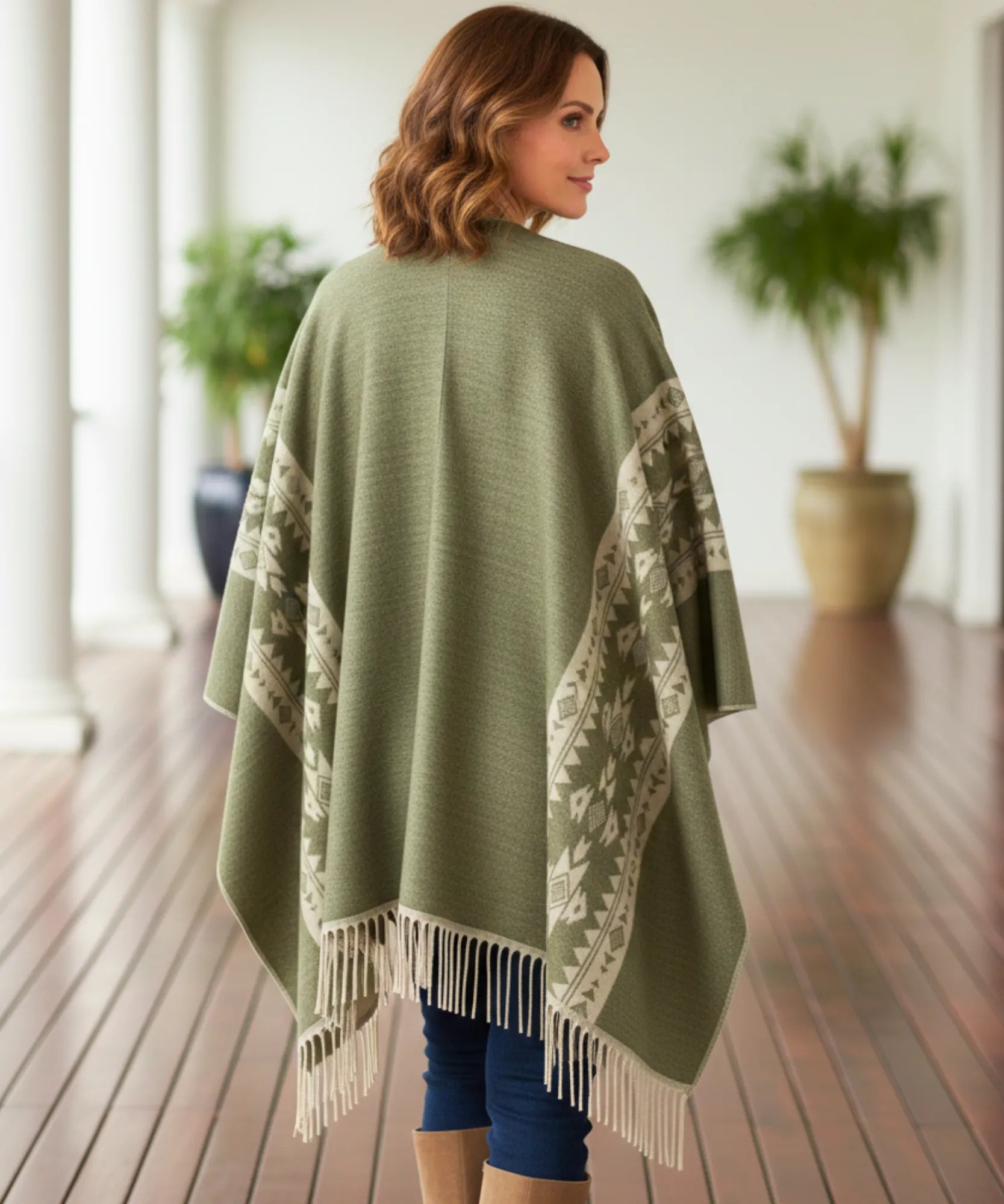 Women's aztec print ruana wrap in sage green with fringe hem, back view