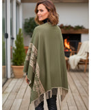 Women's aztec print ruana wrap in sage green with fringe hem, styled look