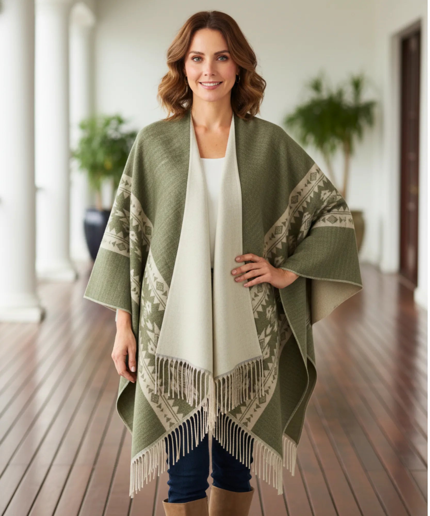 Women's aztec print ruana wrap in sage green with fringe hem, fabric detail