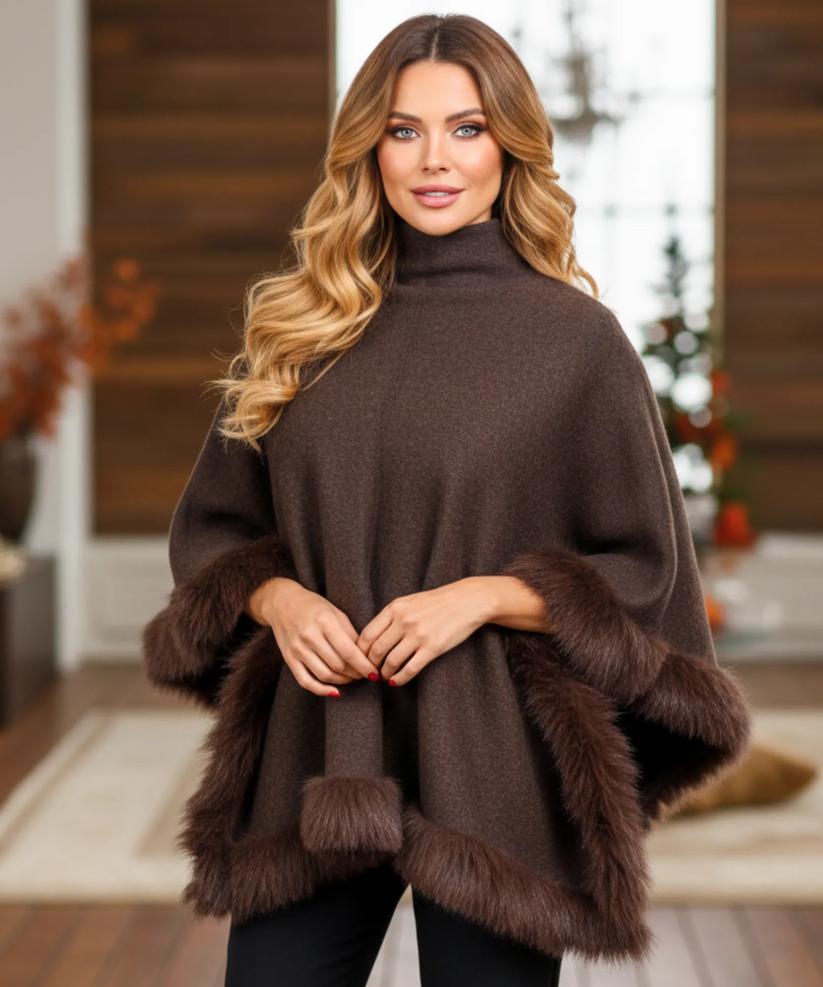 Women's chocolate turtleneck poncho with fur trim, front view