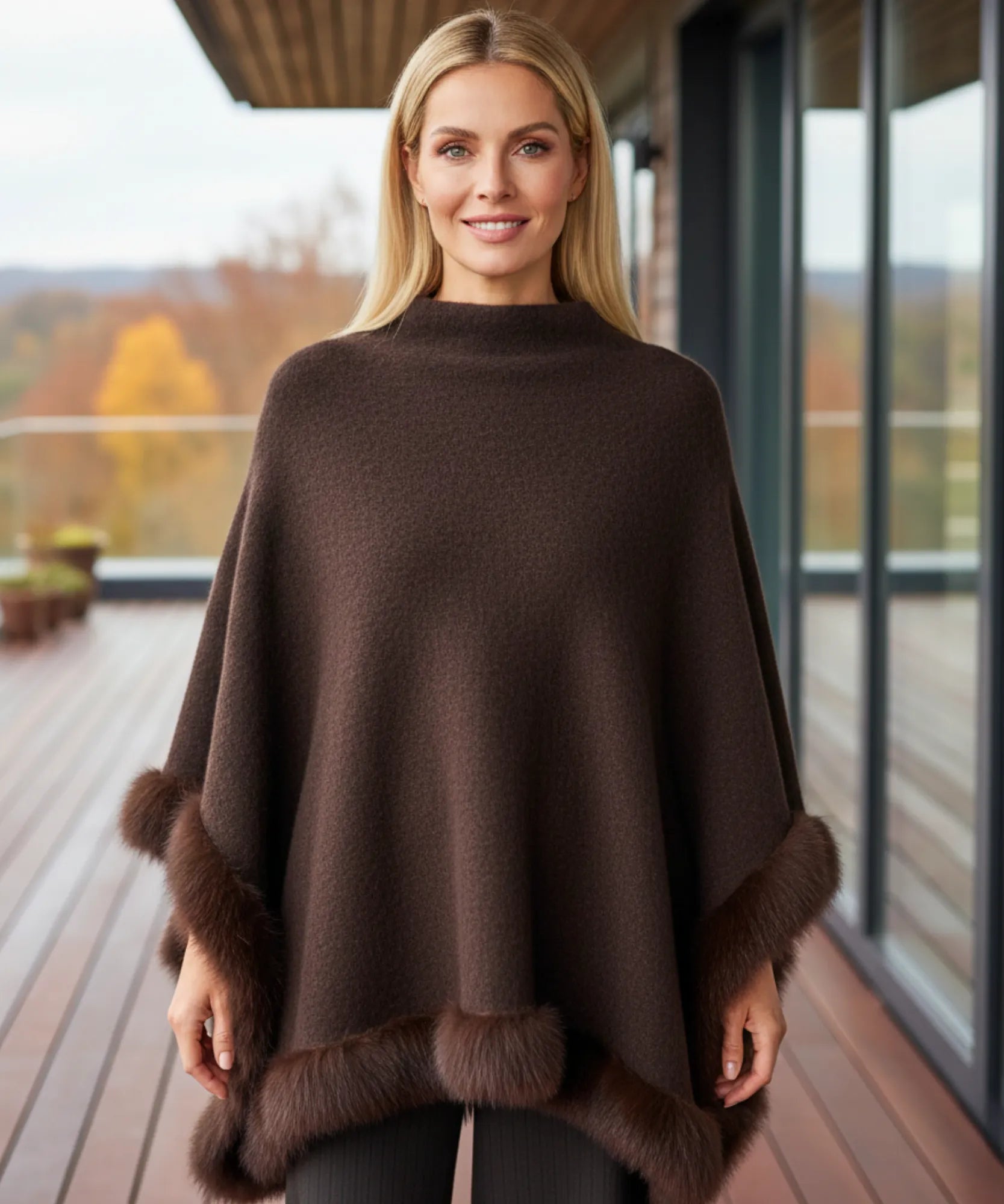 Women's chocolate turtleneck poncho, fur trim and collar detail