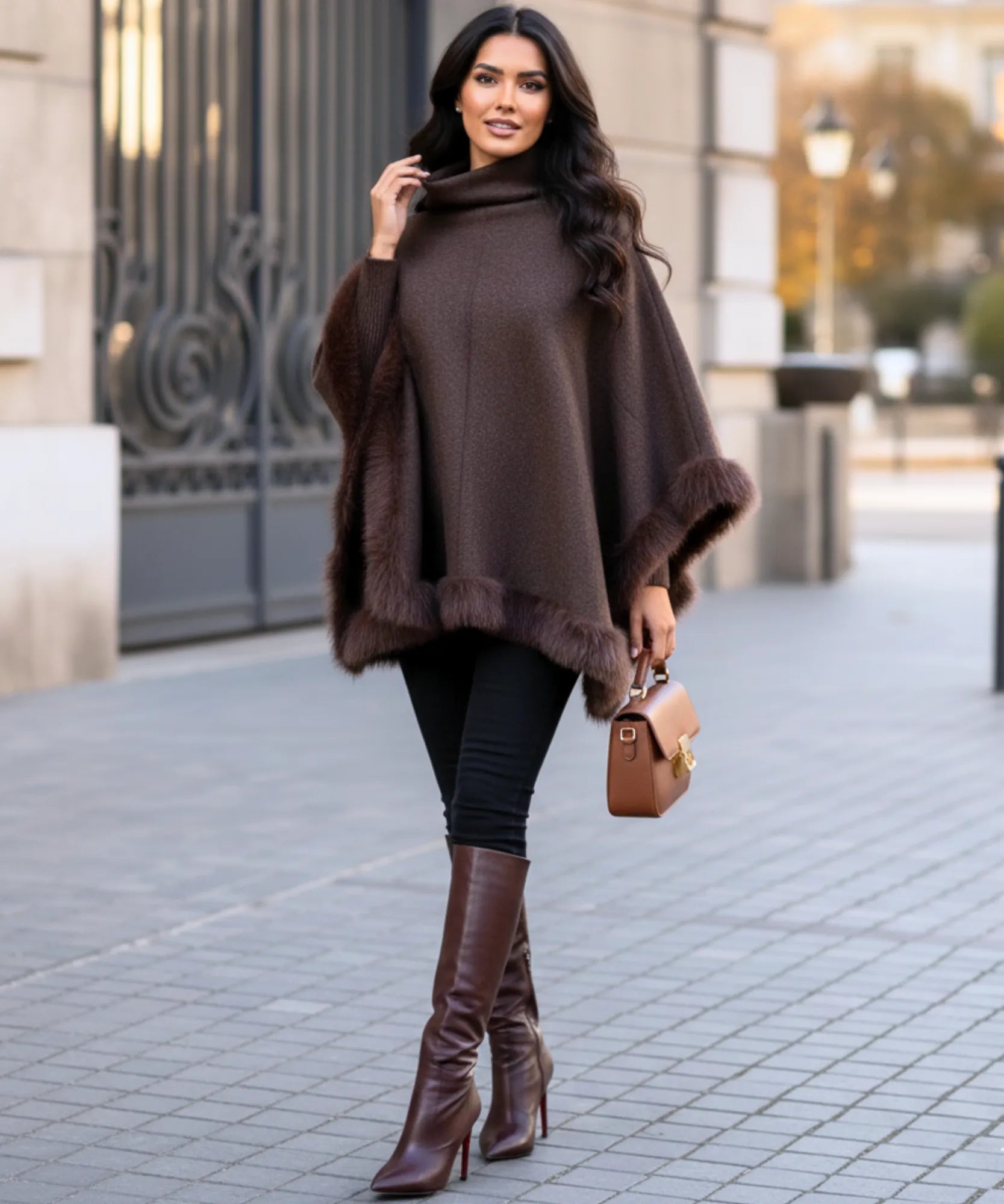 Women's chocolate turtleneck poncho with fur trim, fabric detail