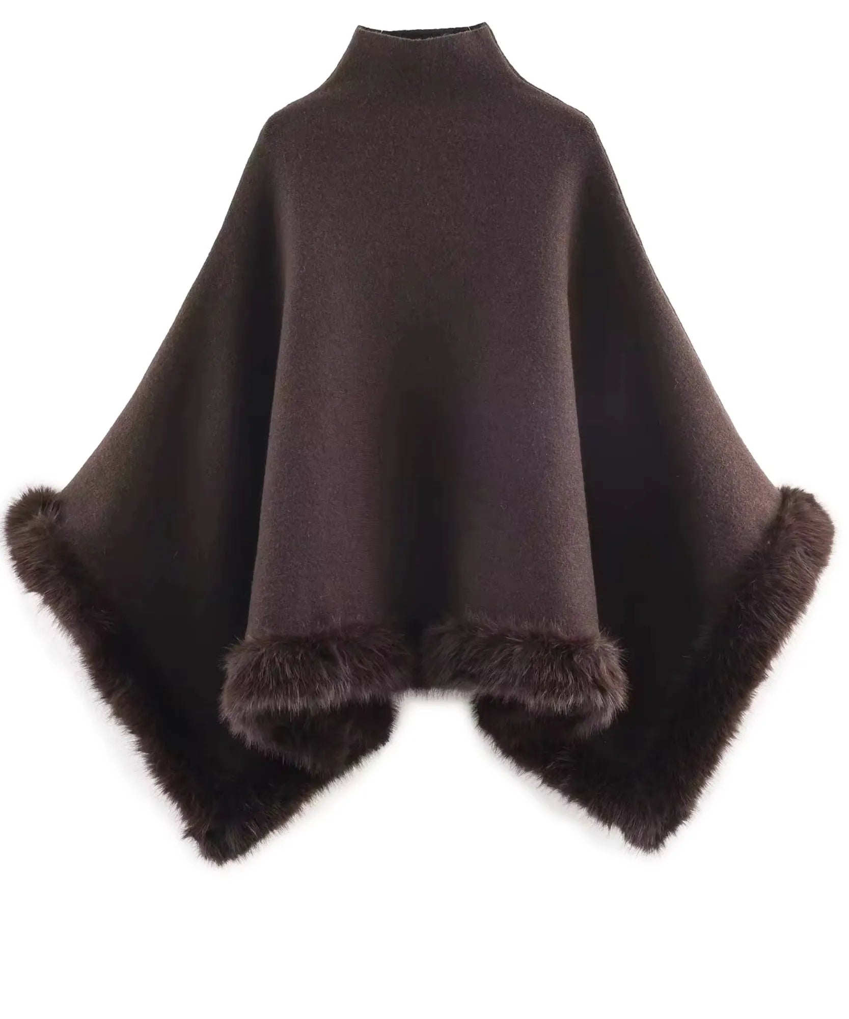 Women's chocolate turtleneck poncho with fur trim, sleeve and cuff detail