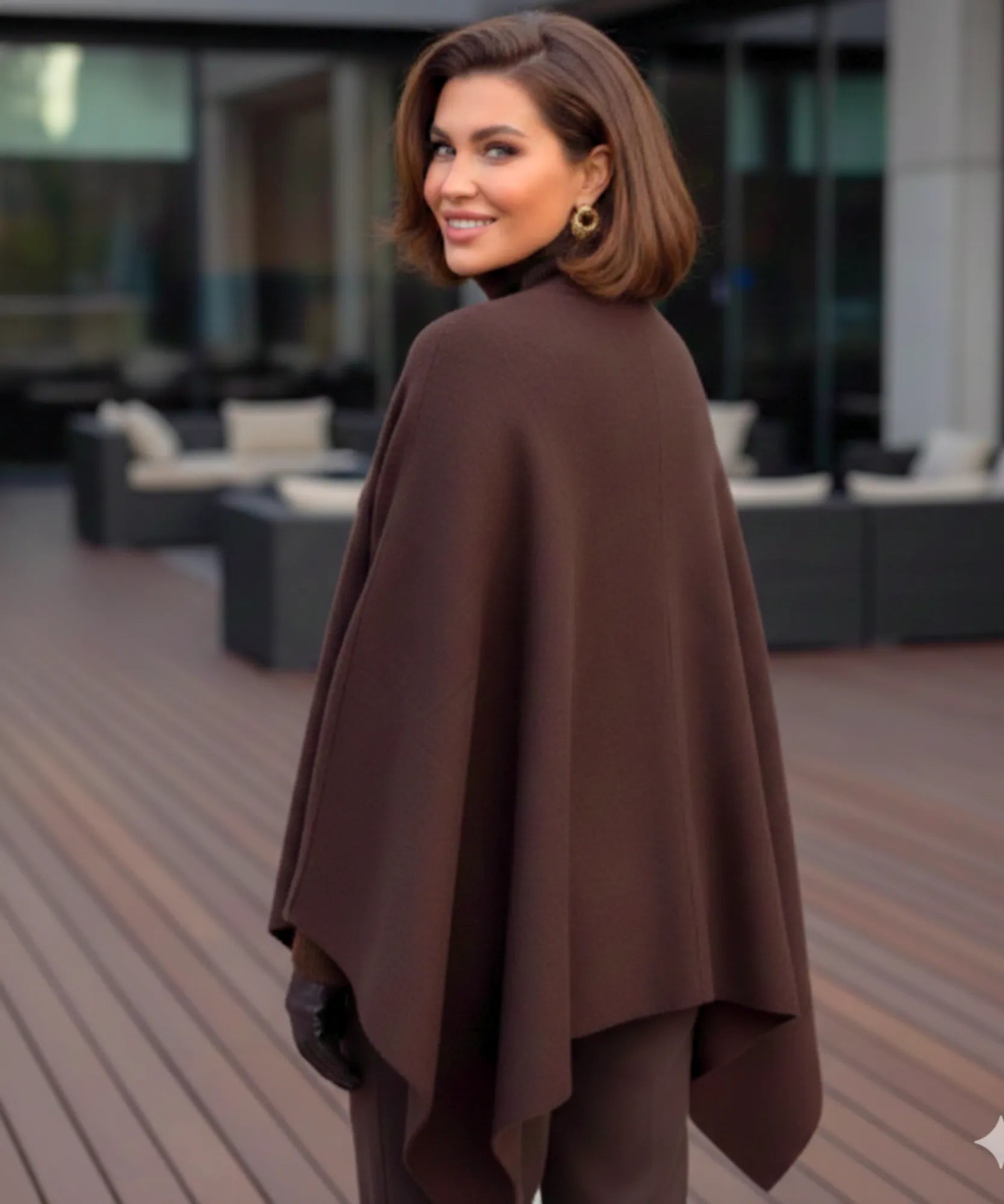 Women's chocolate brown mock-neck sweater poncho, styled look