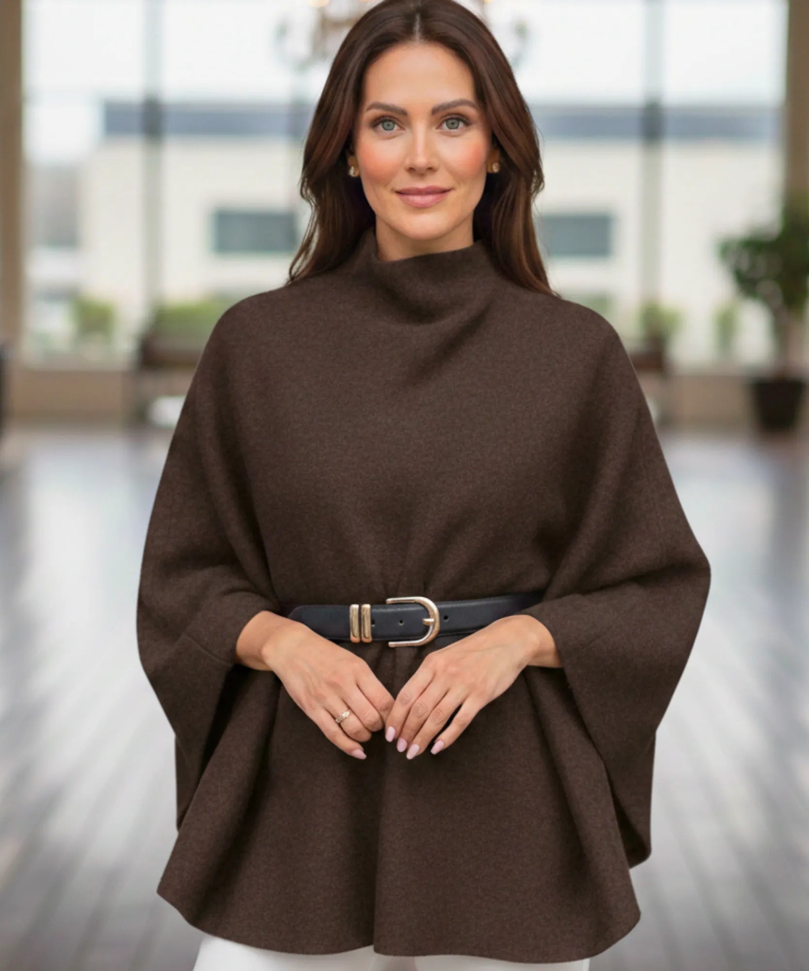 Women's chocolate brown mock-neck sweater poncho, detail view