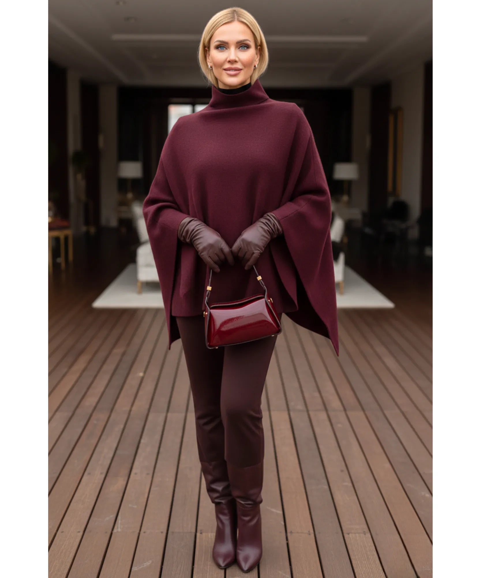 Women's burgundy mock-neck sweater poncho, close-up view