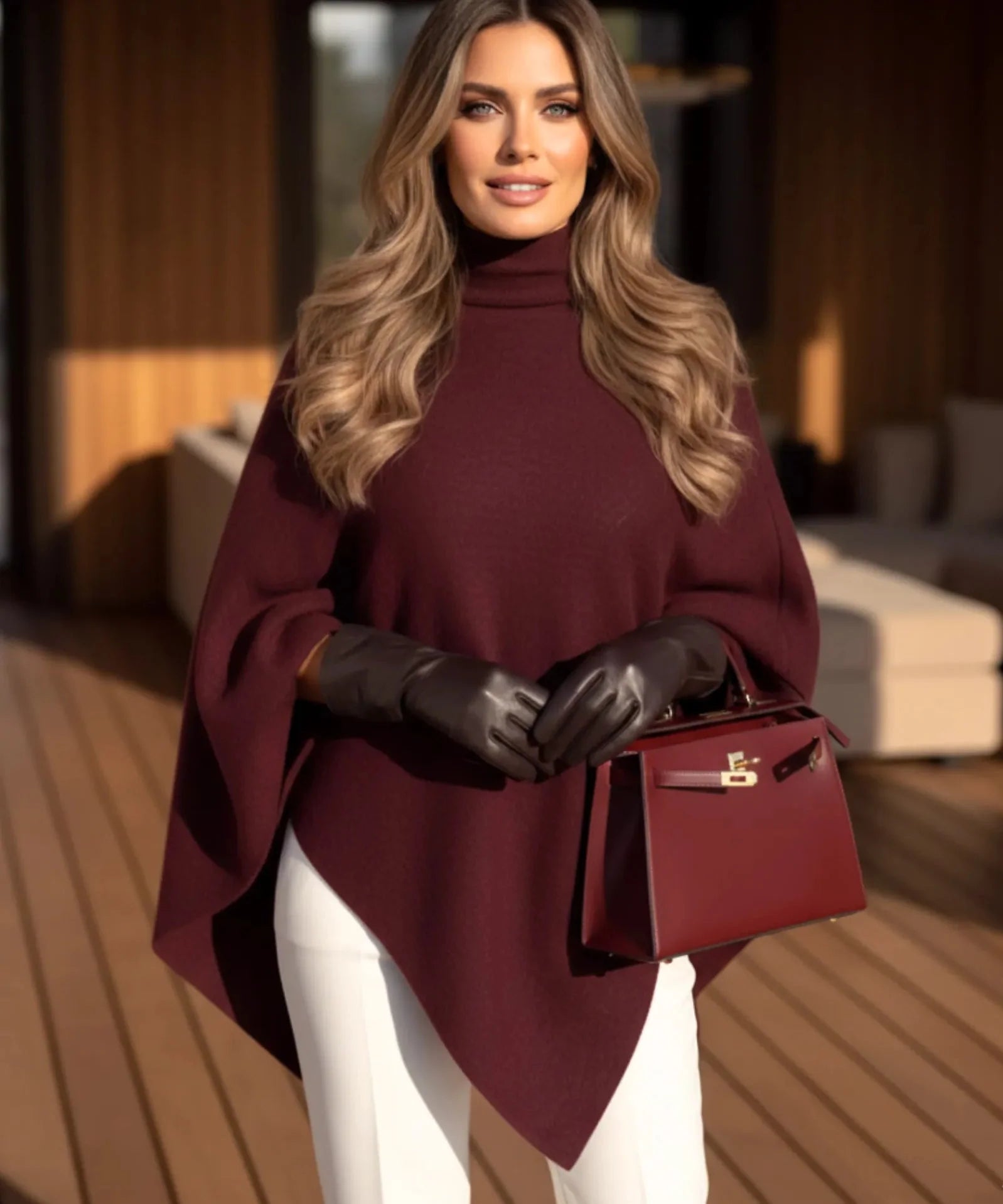 Women's burgundy mock-neck sweater poncho, front view