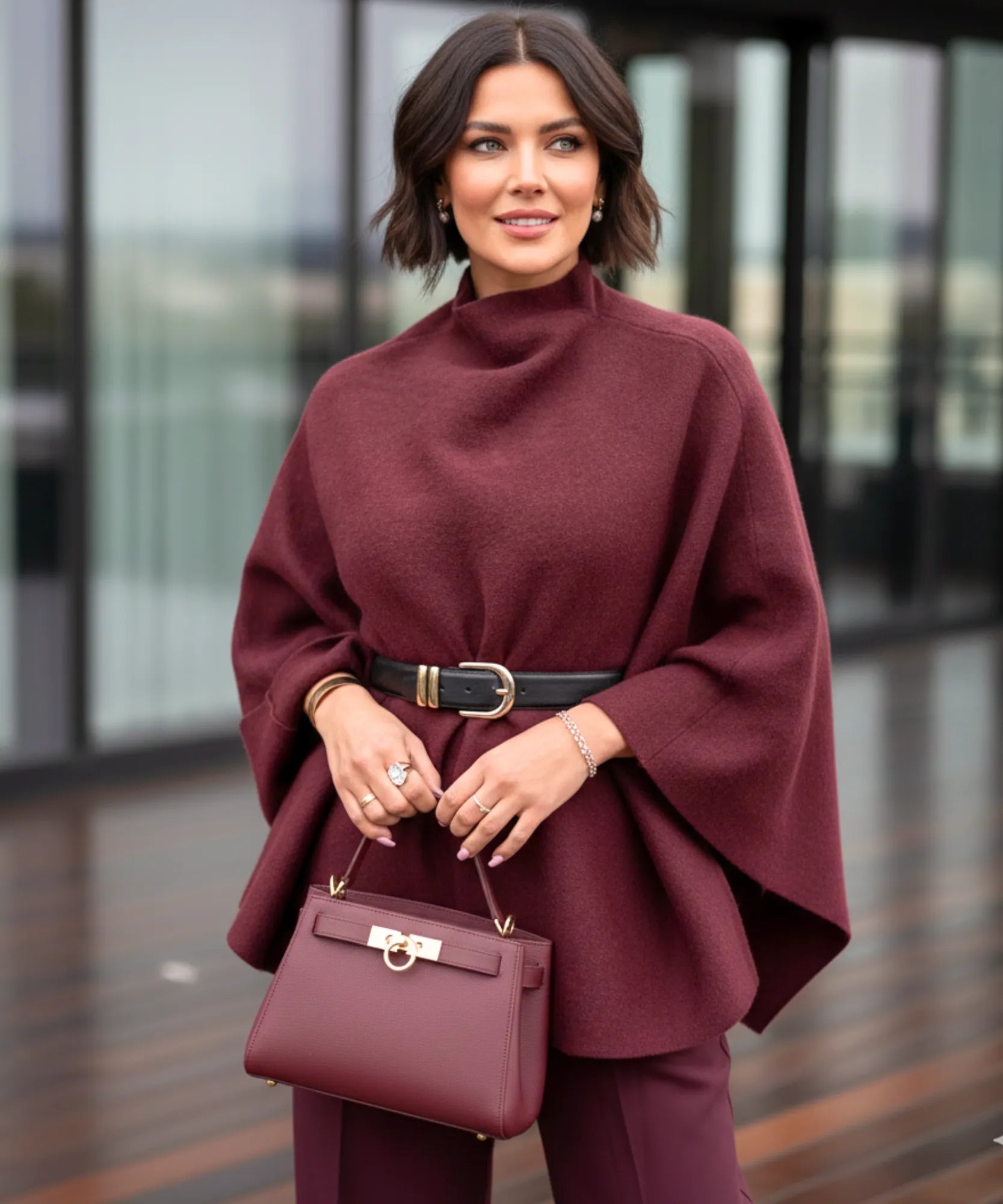 Women's burgundy mock-neck sweater poncho, detail view