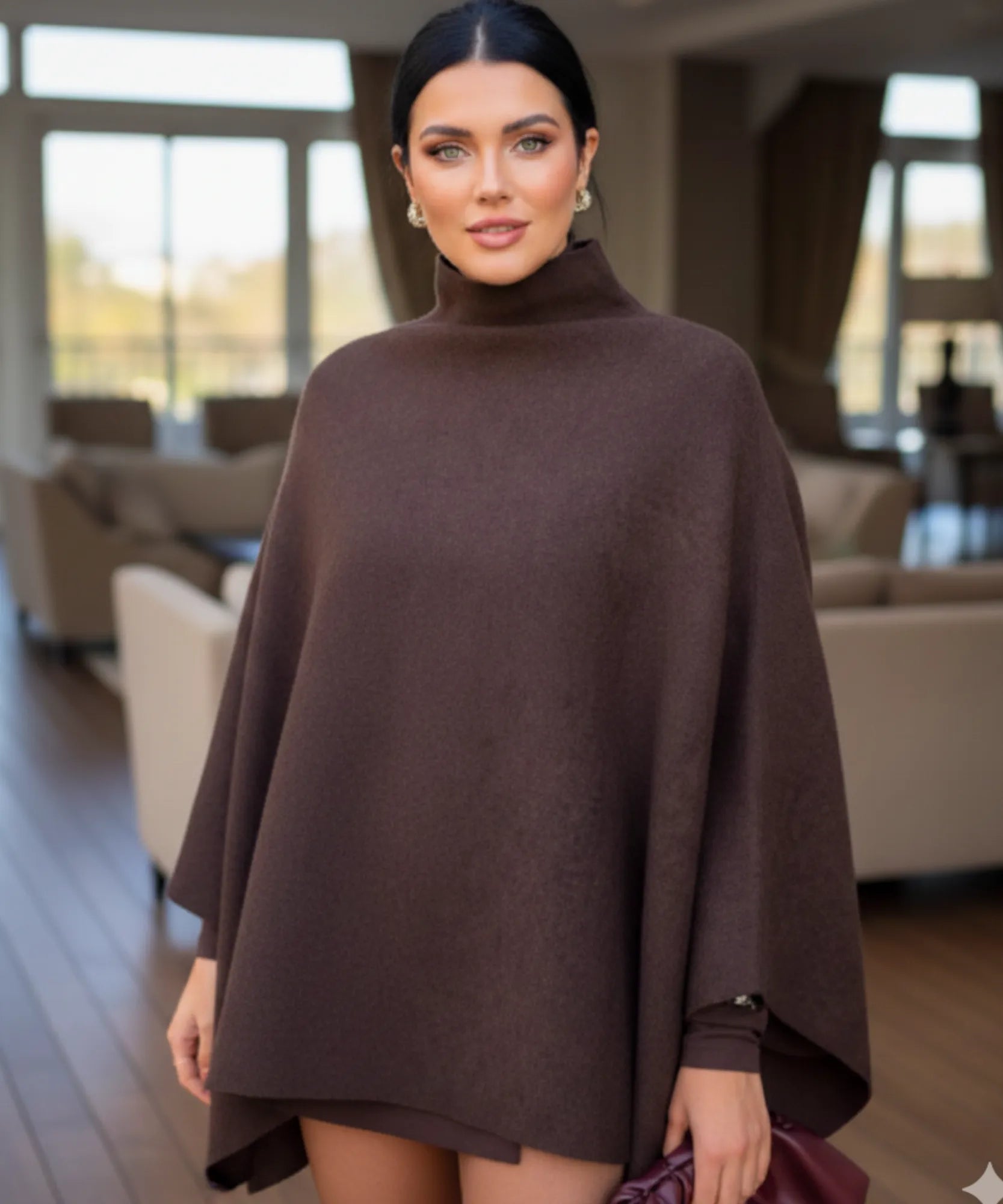 Women's chocolate brown mock-neck sweater poncho, front view