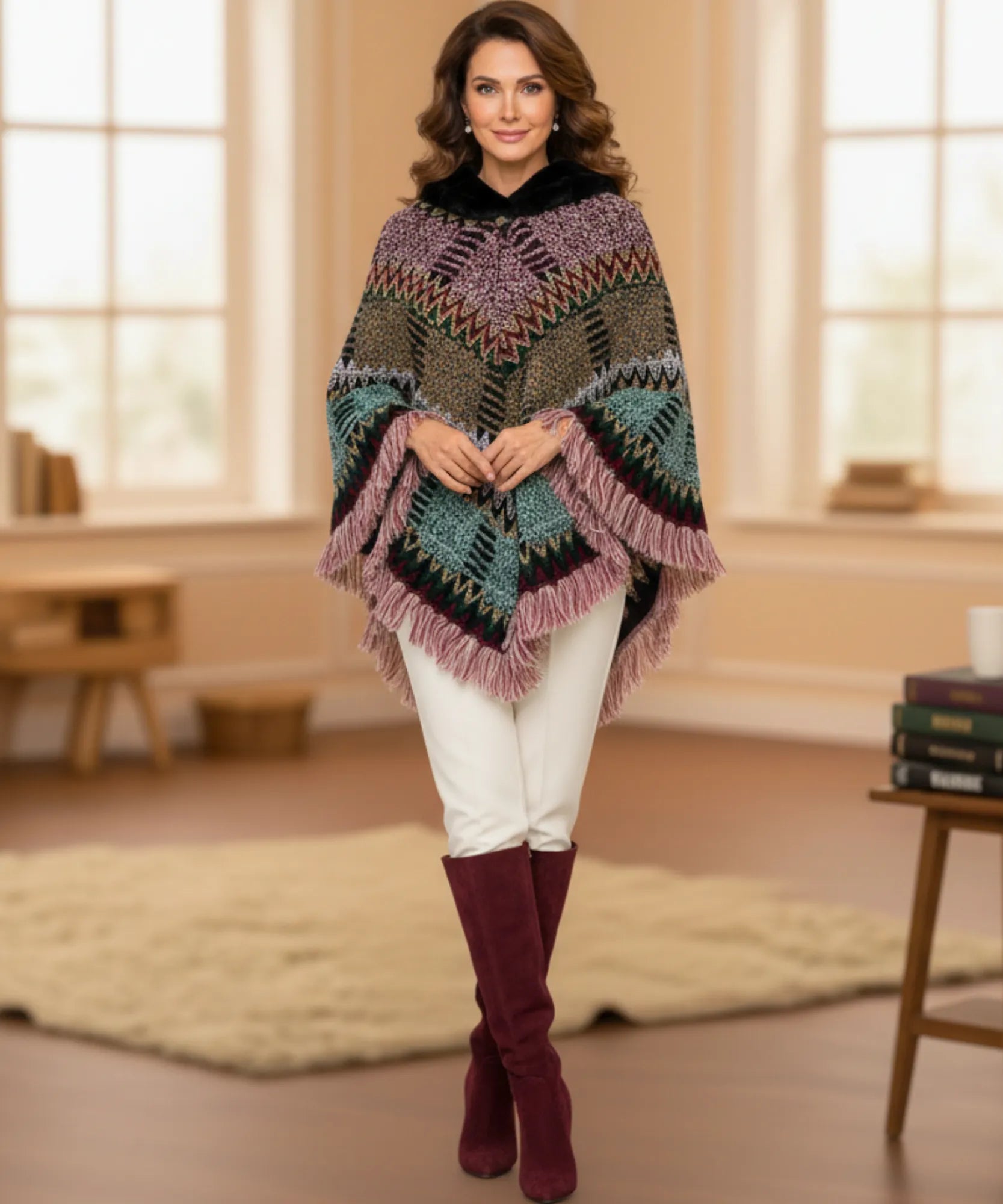 Women's boho poncho sweater in beige multicolor chunky knit with fur-trim collar and fringe hem
