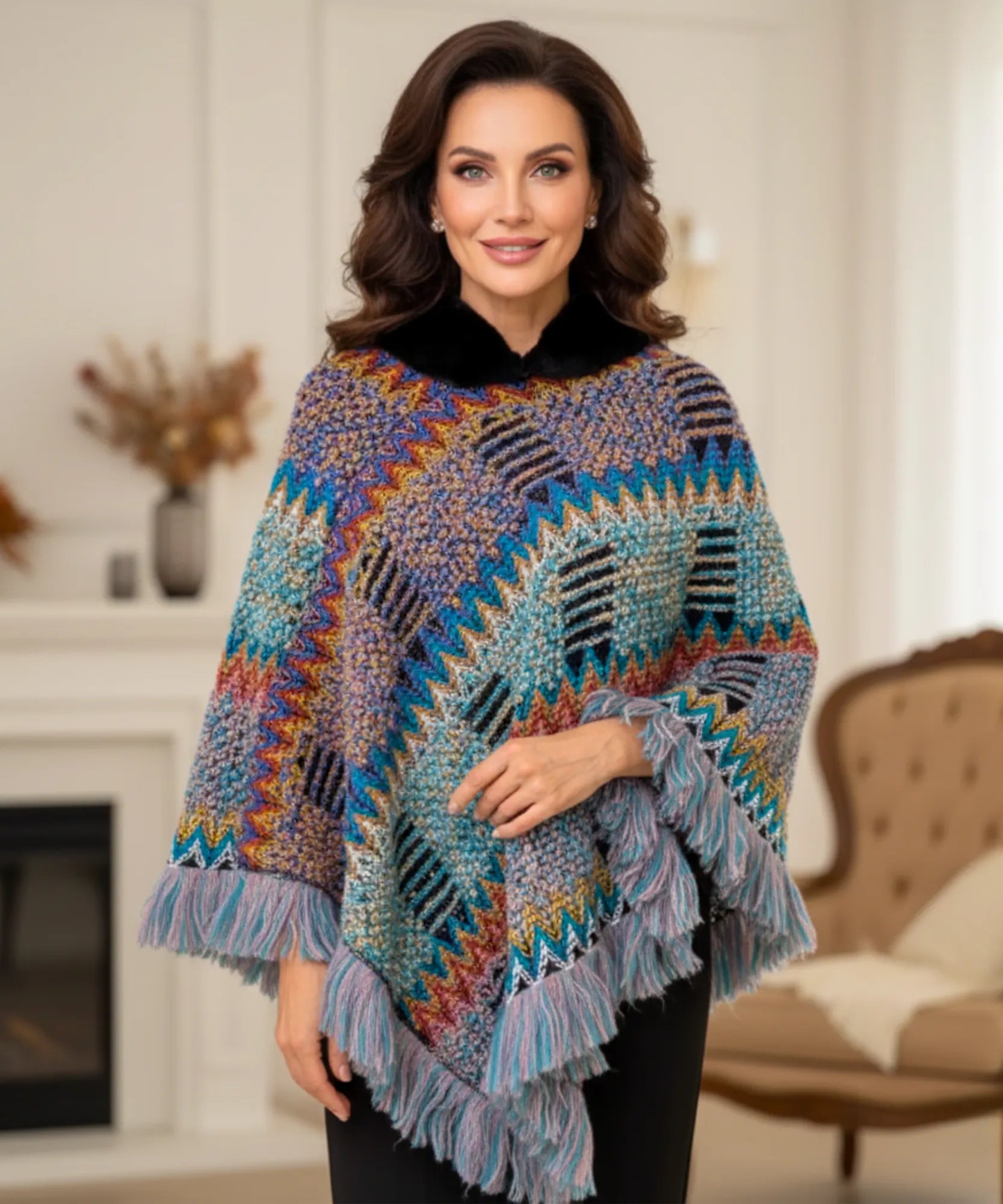 Women's boho poncho sweater with fur-trim collar, front view