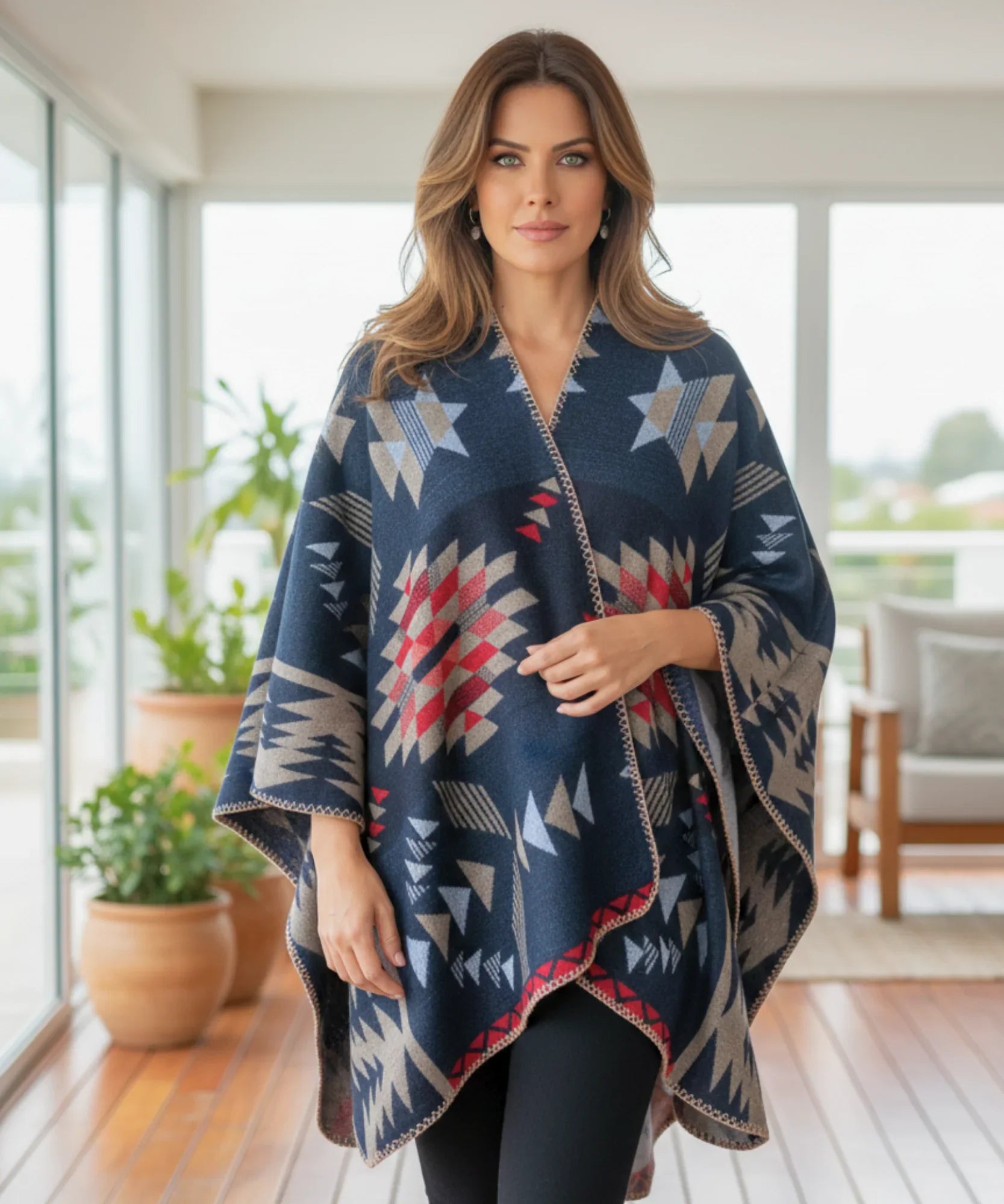 Women's navy Aztec print ruana wrap, front view