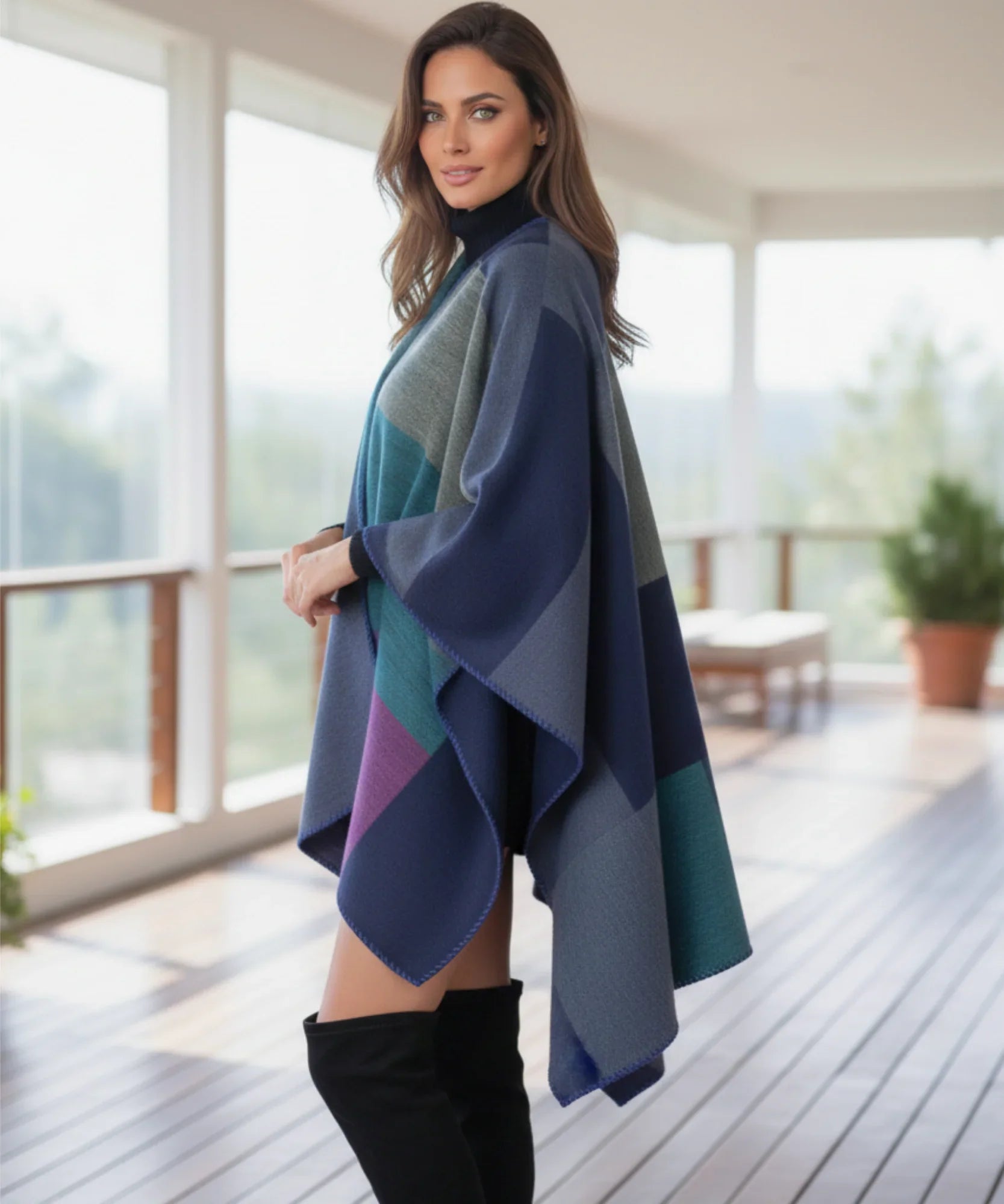 Women's navy colorblock ruana wrap, styled look
