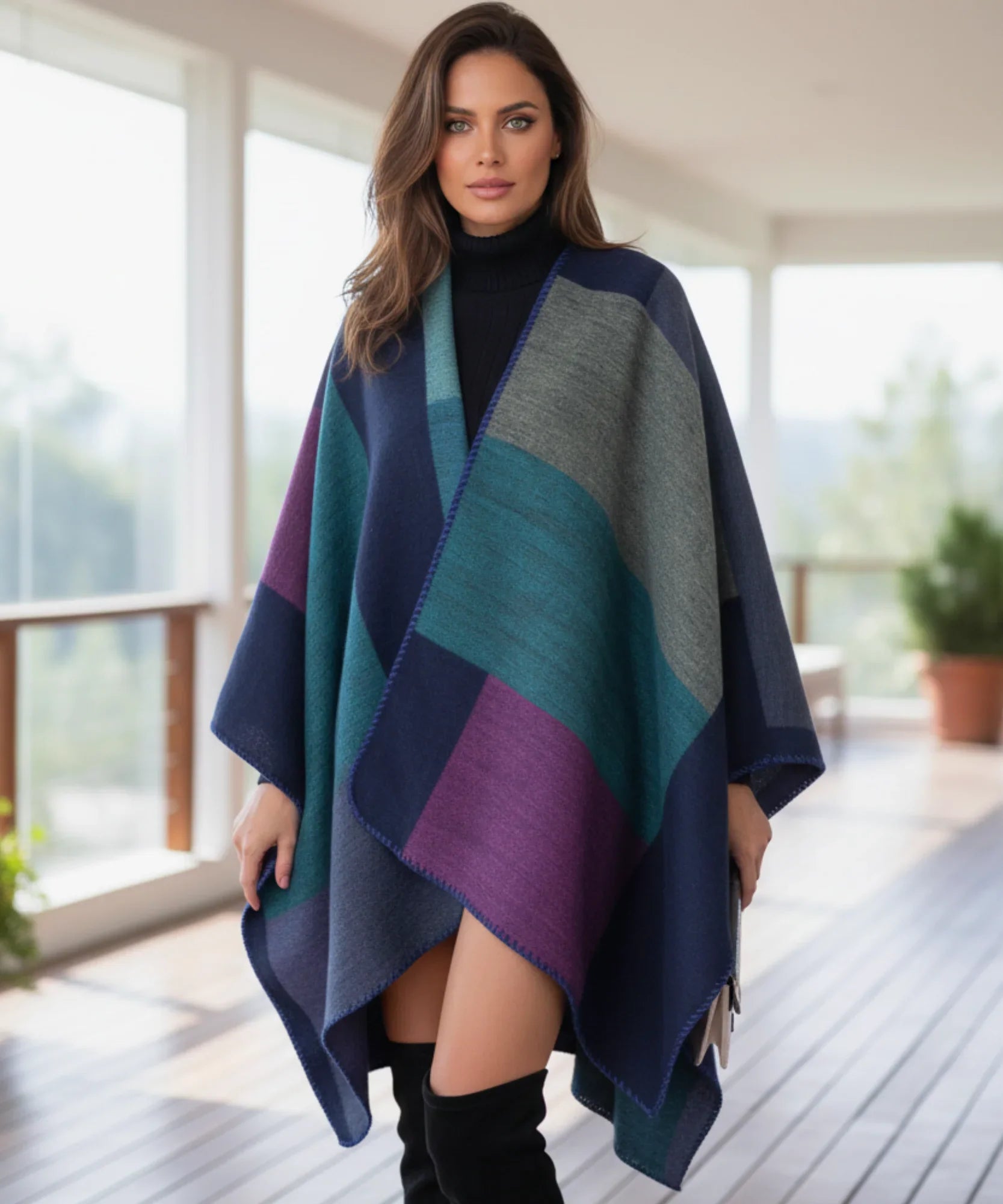 Women's navy colorblock ruana wrap, front view