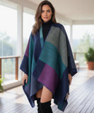 Women's navy colorblock ruana wrap, front view