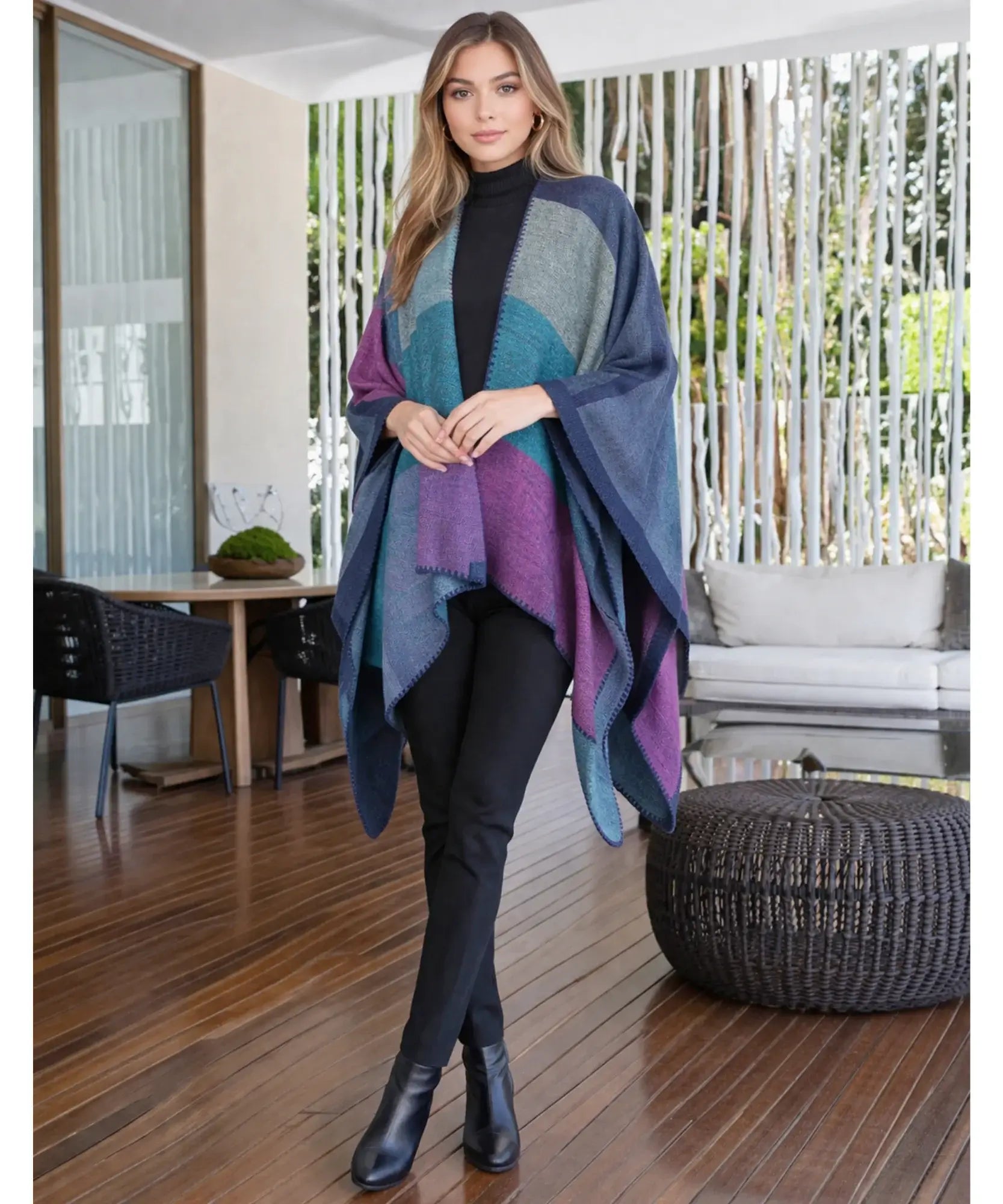 Women's navy colorblock ruana wrap, close-up view