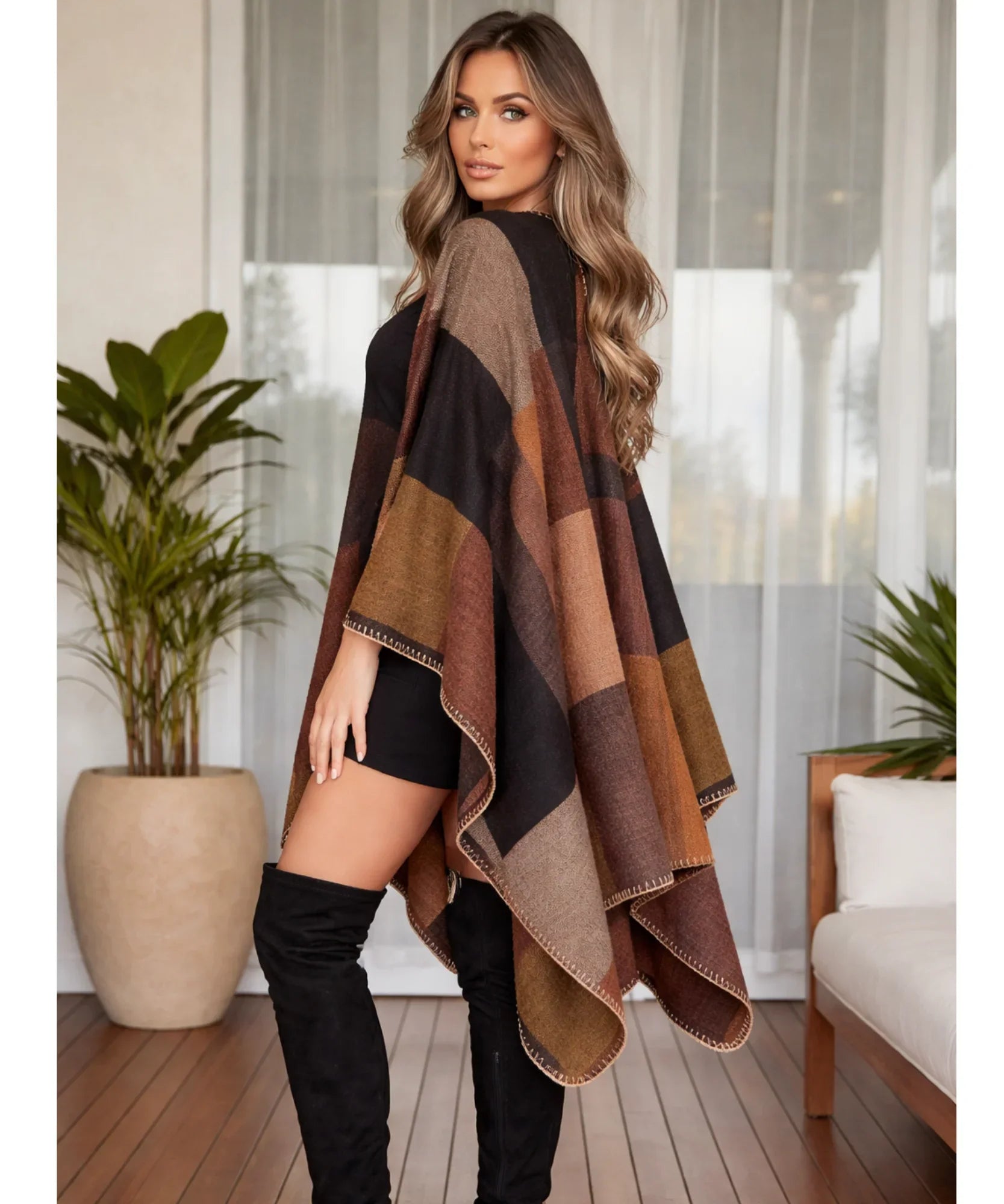 Women's brown colorblock ruana wrap, styled look
