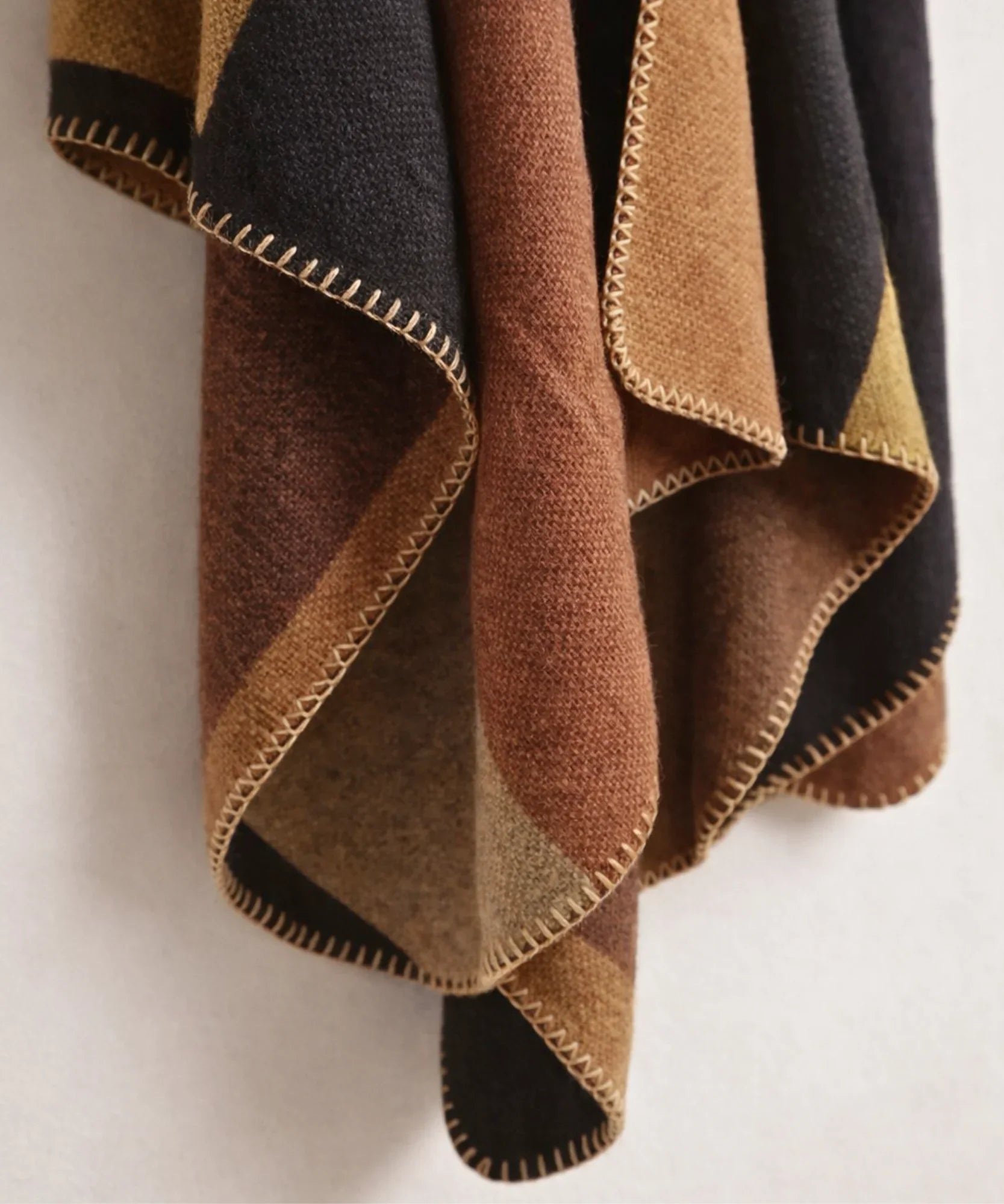 Women's brown colorblock ruana wrap, front view
