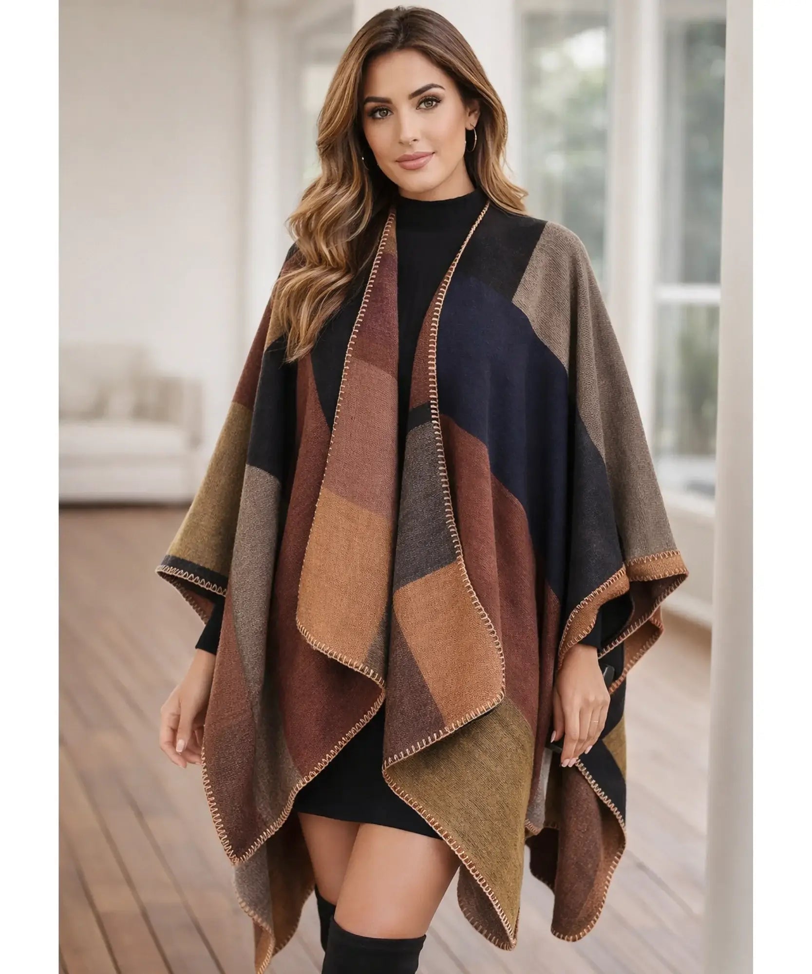 Women's brown colorblock ruana wrap, detail view