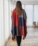 Women's red colorblock ruana wrap, back view