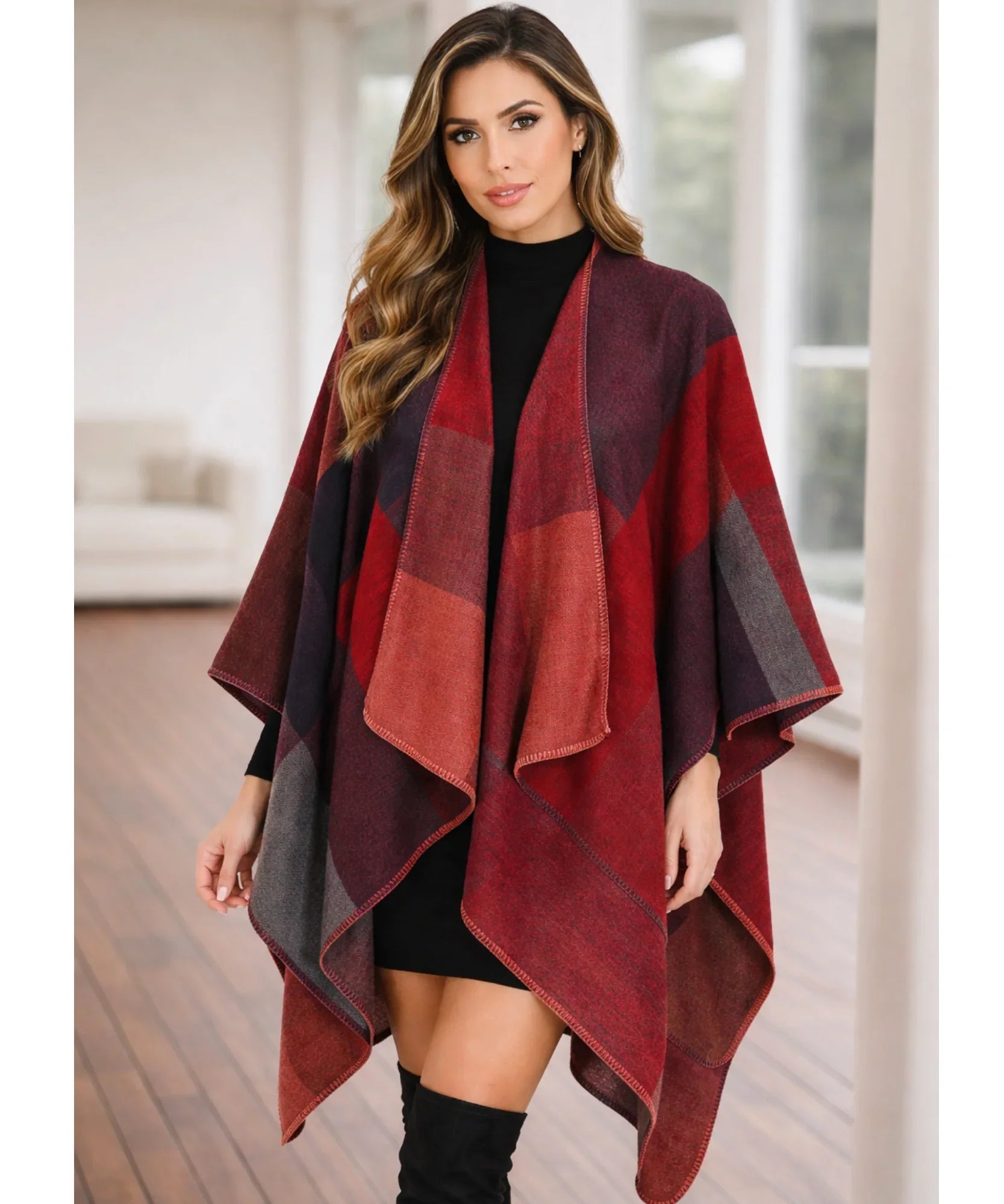 Women's red colorblock ruana wrap, front view