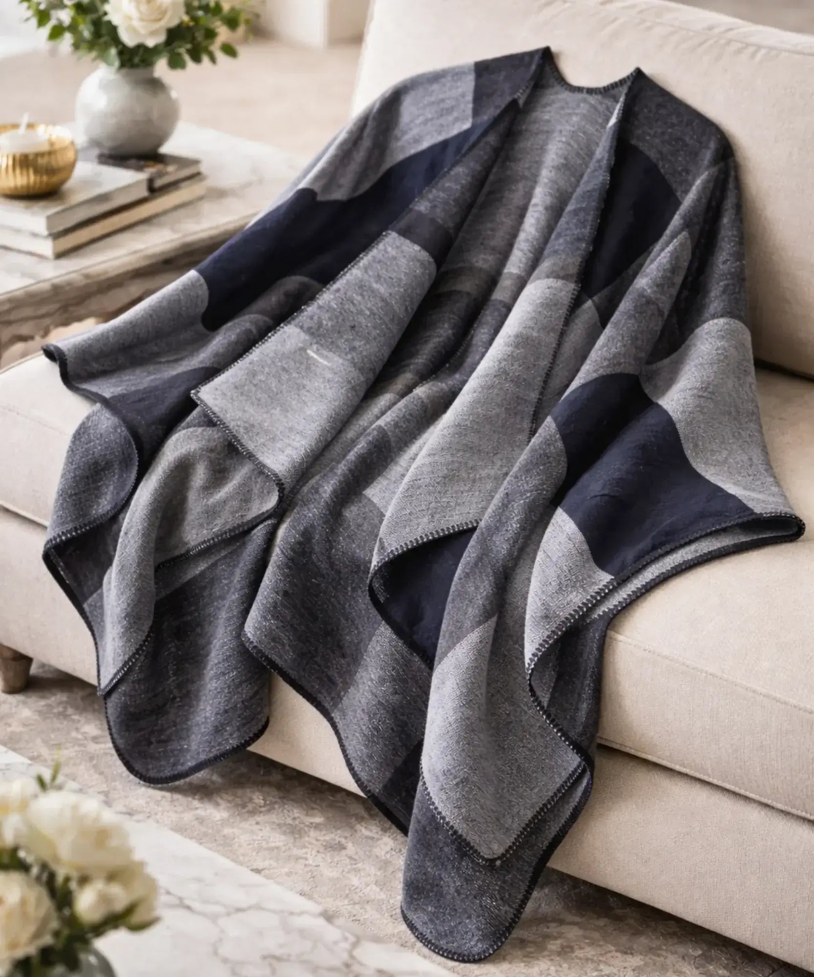 Women's navy colorblock ruana wrap, flat lay view