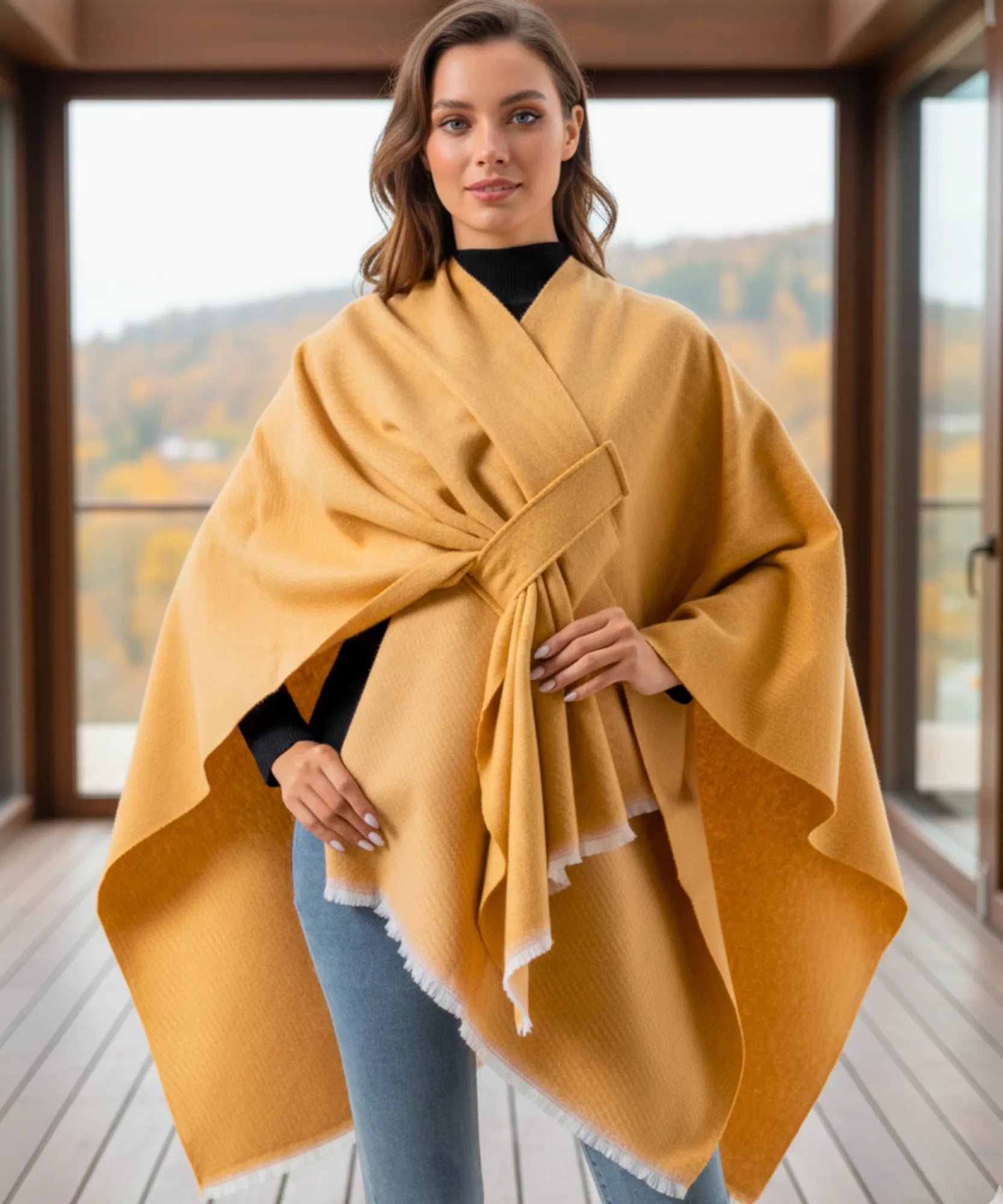 Women's mustard yellow convertible shawl poncho, front view