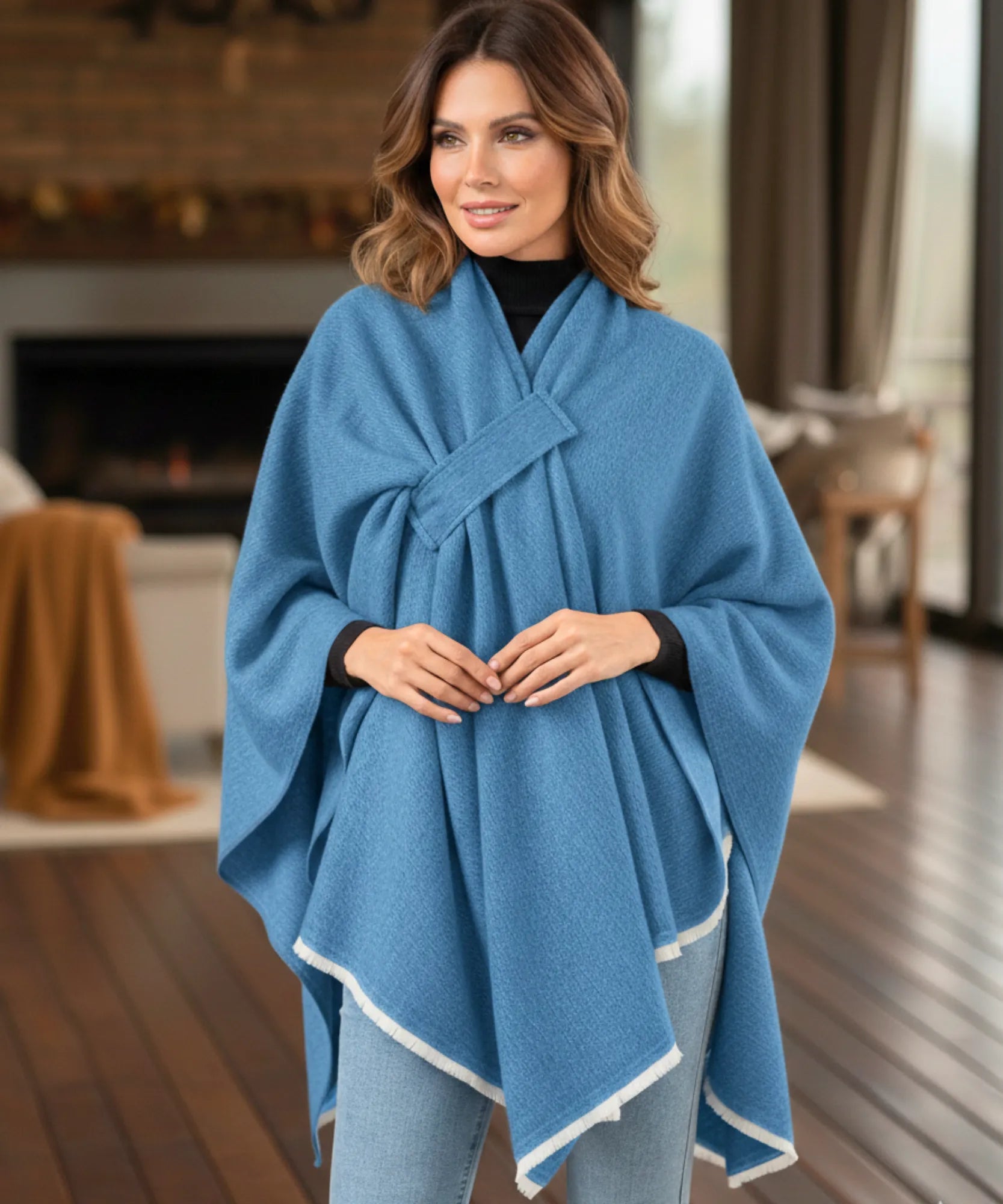 Women's denim blue convertible shawl poncho, front view