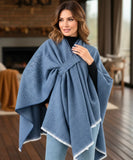 Women's denim blue convertible shawl poncho, close-up view