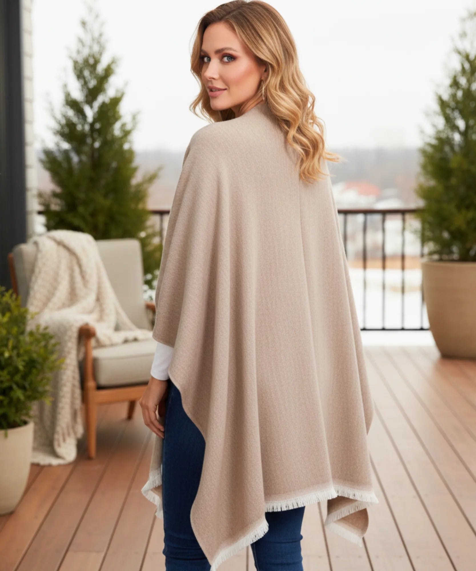 Women's beige convertible shawl poncho, front view