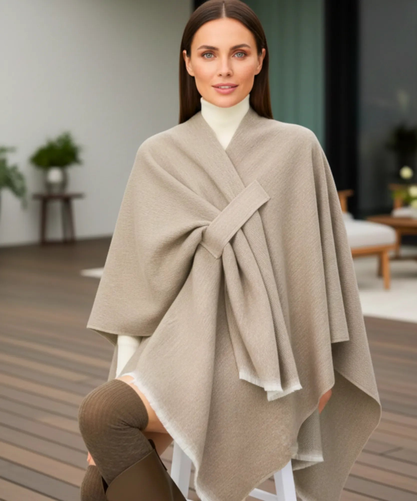 Women's beige convertible shawl poncho, styled look