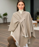 Women's beige convertible shawl poncho, styled look