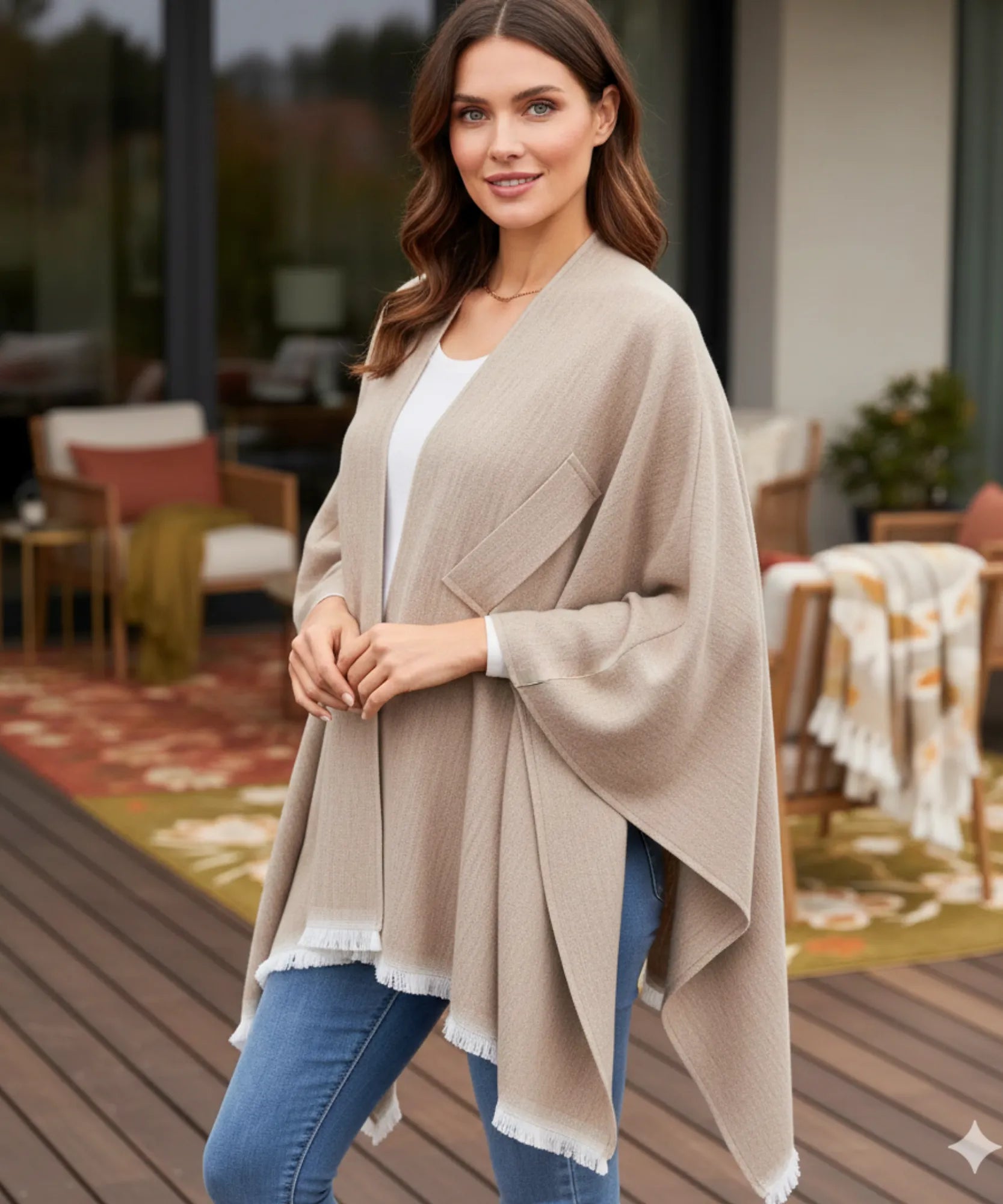 Women's beige convertible shawl poncho, detail view