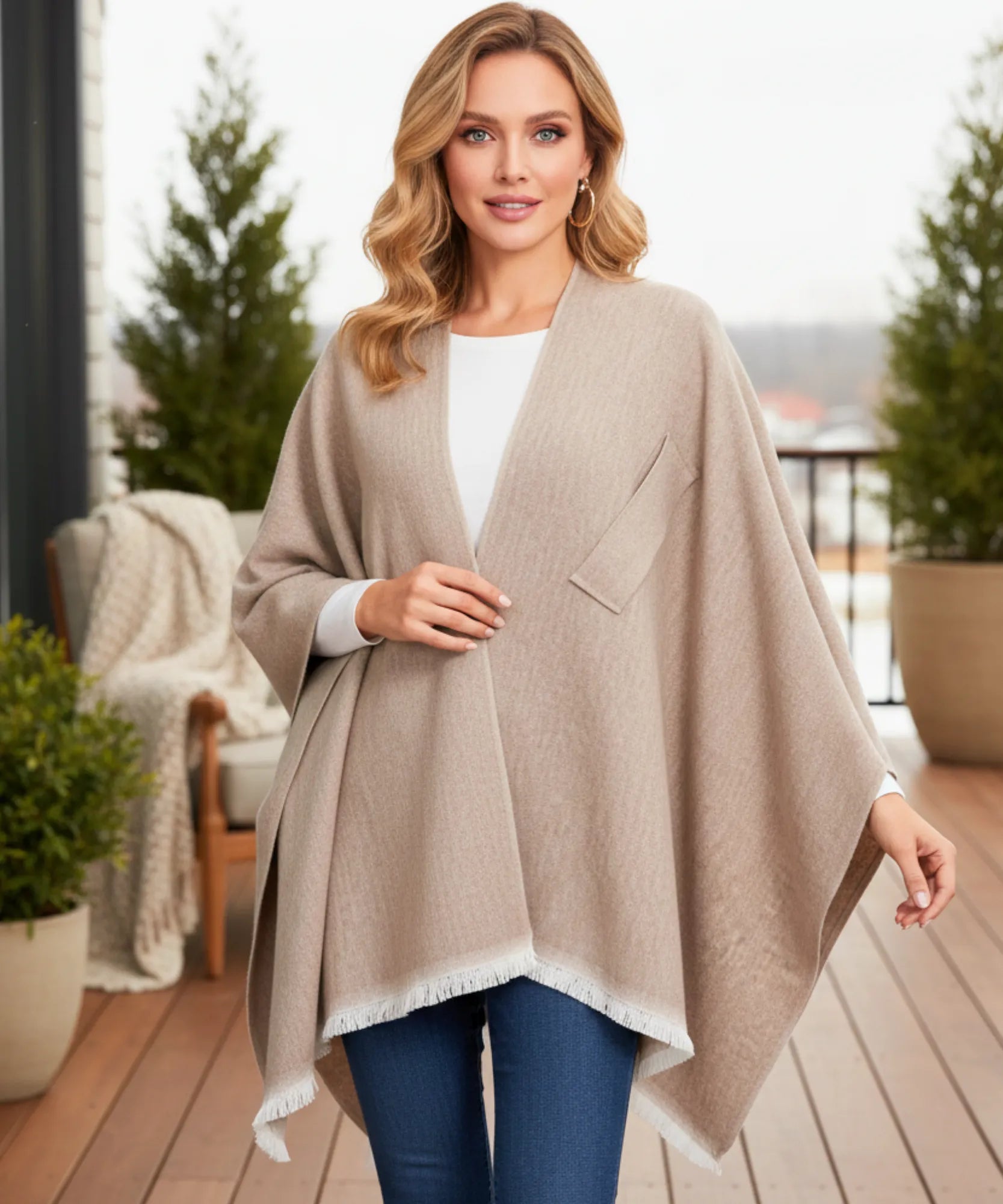 Women's beige convertible shawl poncho, close-up view